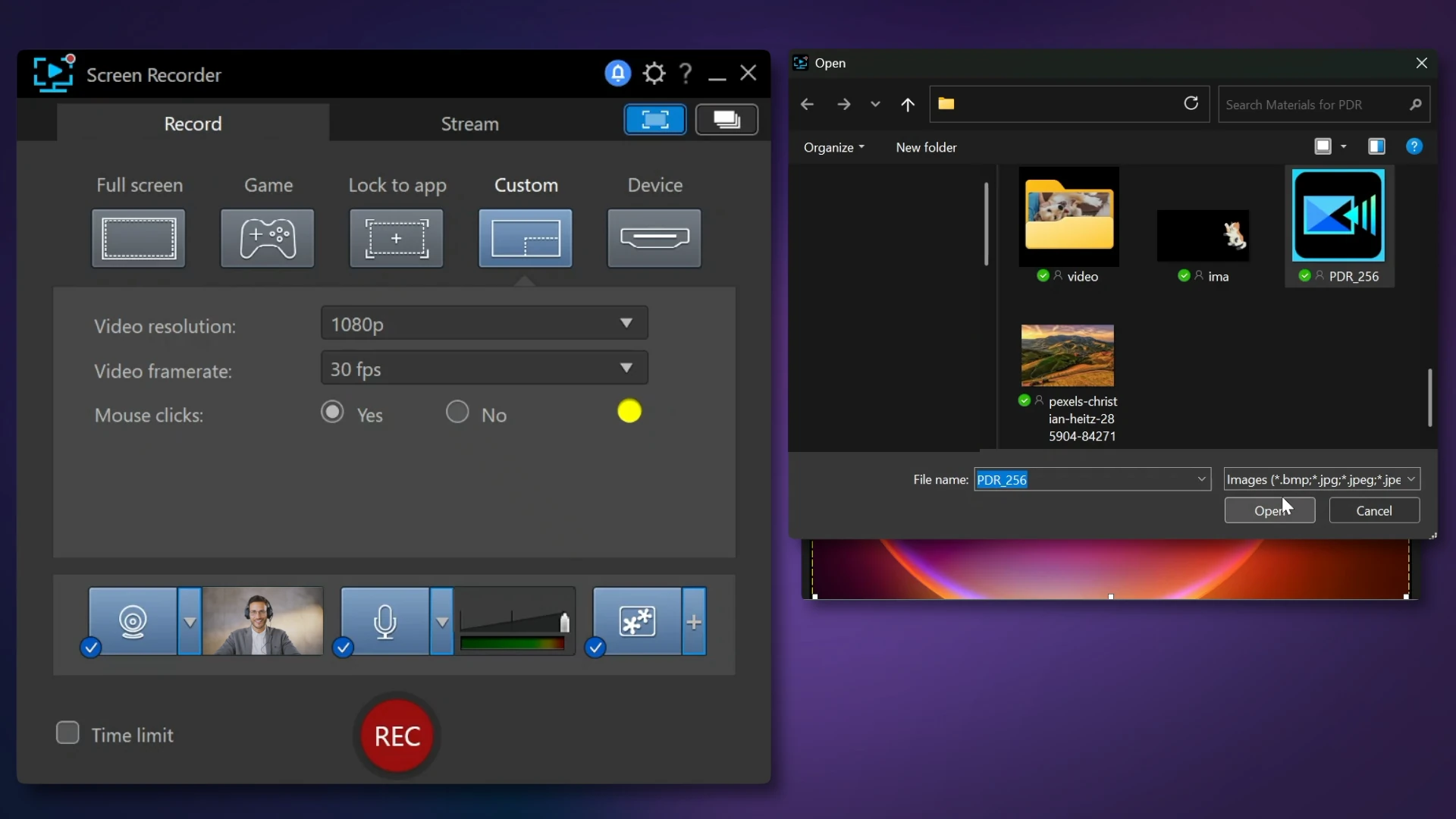 The Screen Recorder in PowerDirector with the webcam and microphone icons carrying enabled badges, and a file picker open for the image overlay.
