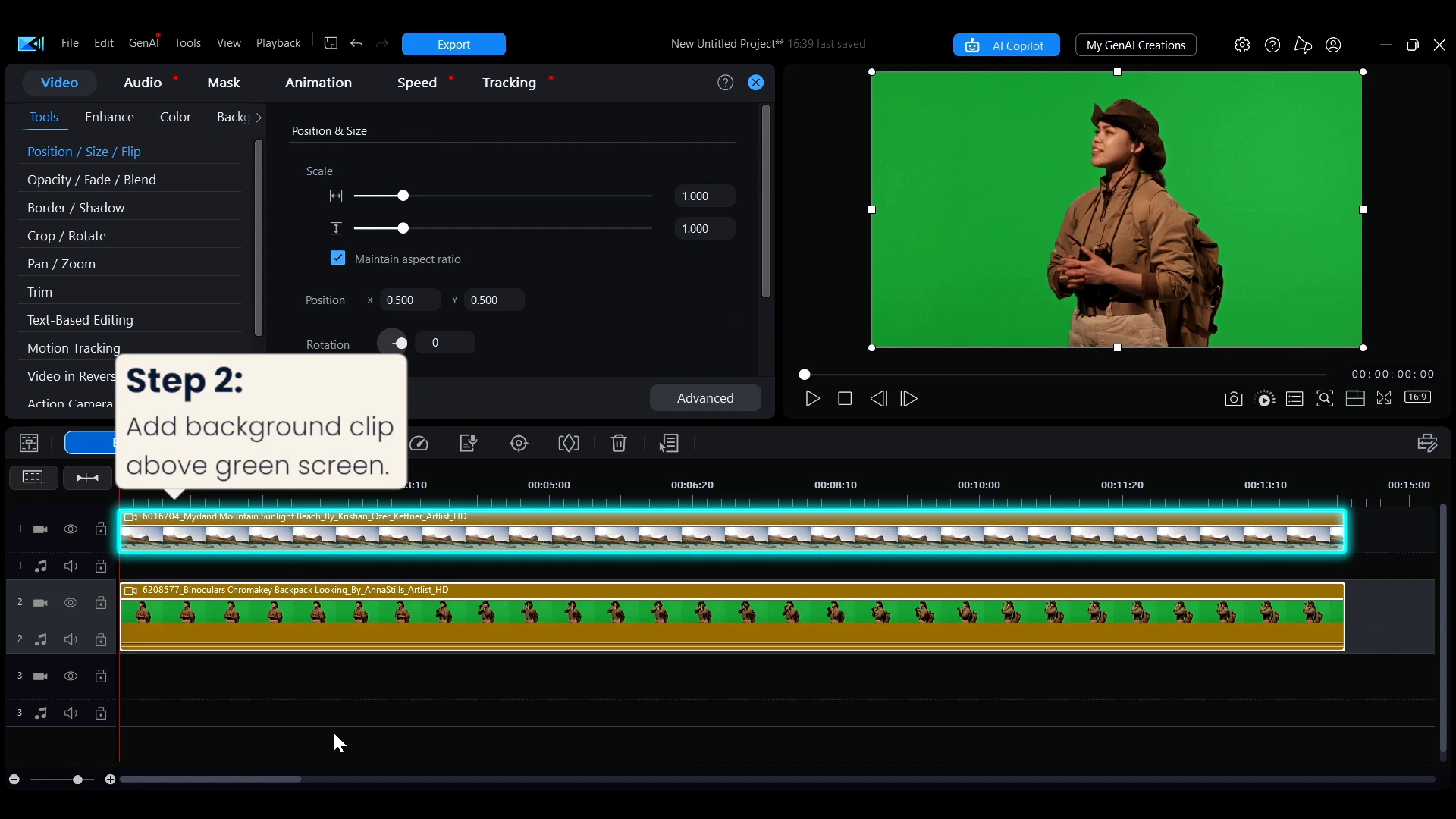 The PowerDirector timeline with the landscape background clip on track 1 and the green screen clip on track 2 below it.