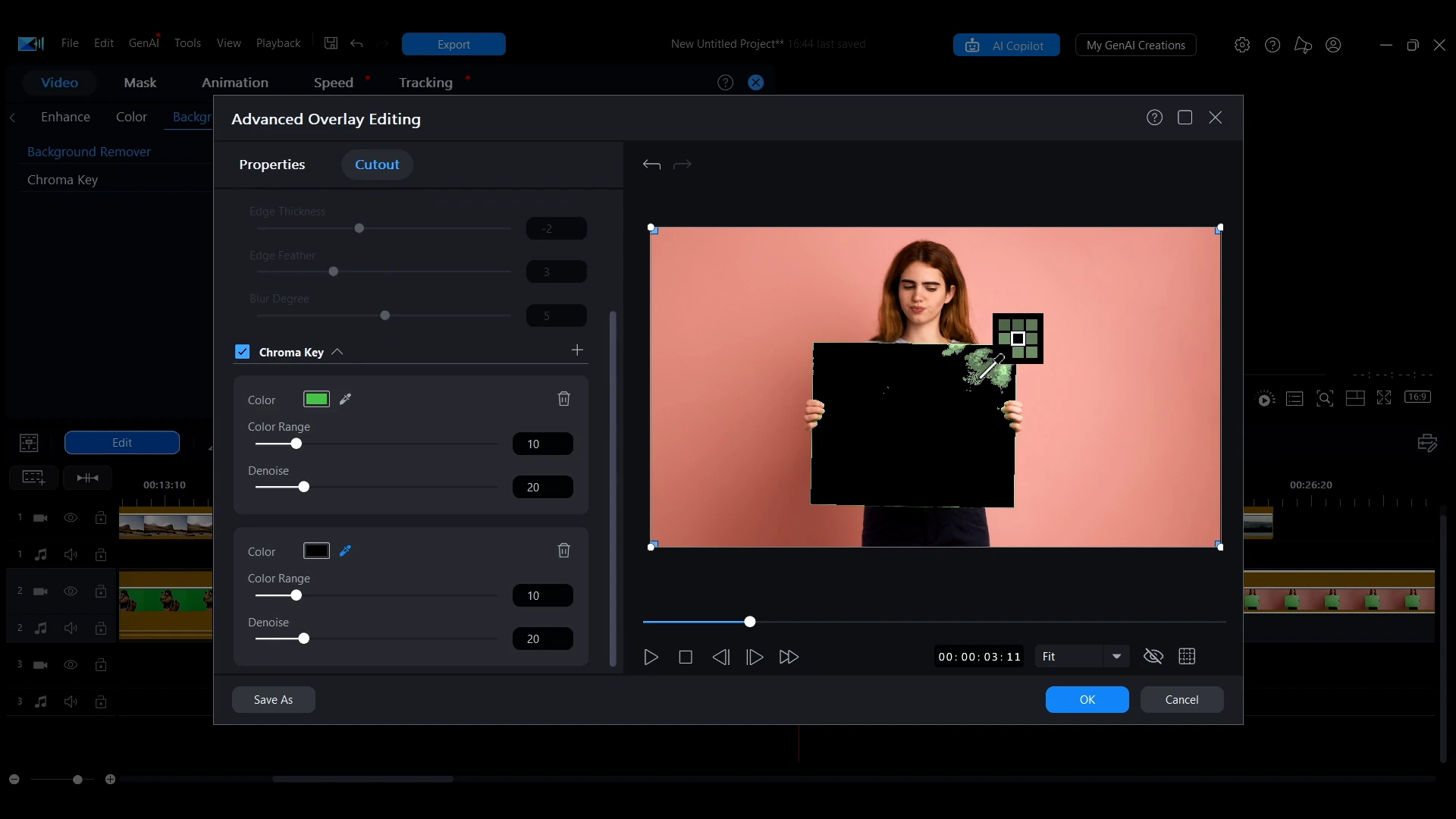 The Chroma Key section of the Advanced Overlay Editing panel in PowerDirector showing Color, Color Range and Denoise, with a plus button beside the section heading.