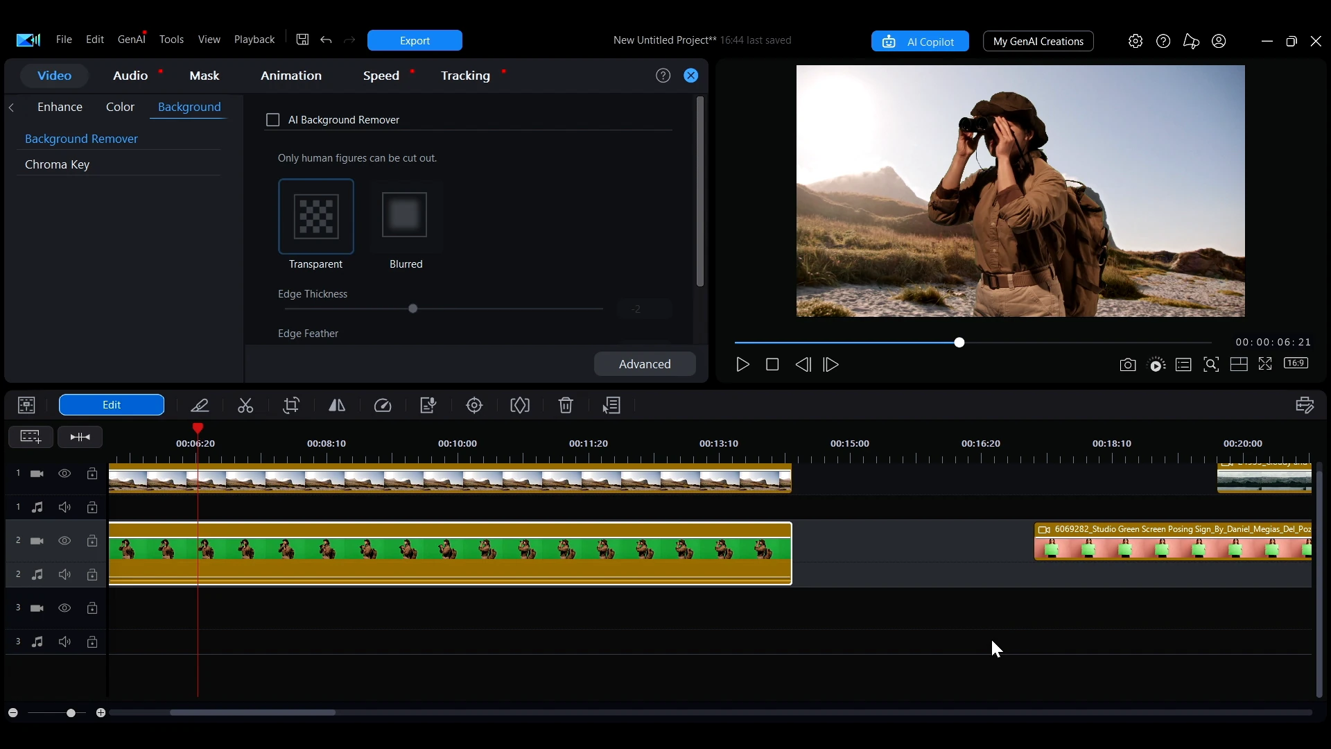 The AI Background Remover section of the Background tab in PowerDirector, showing Transparent and Blurred options.