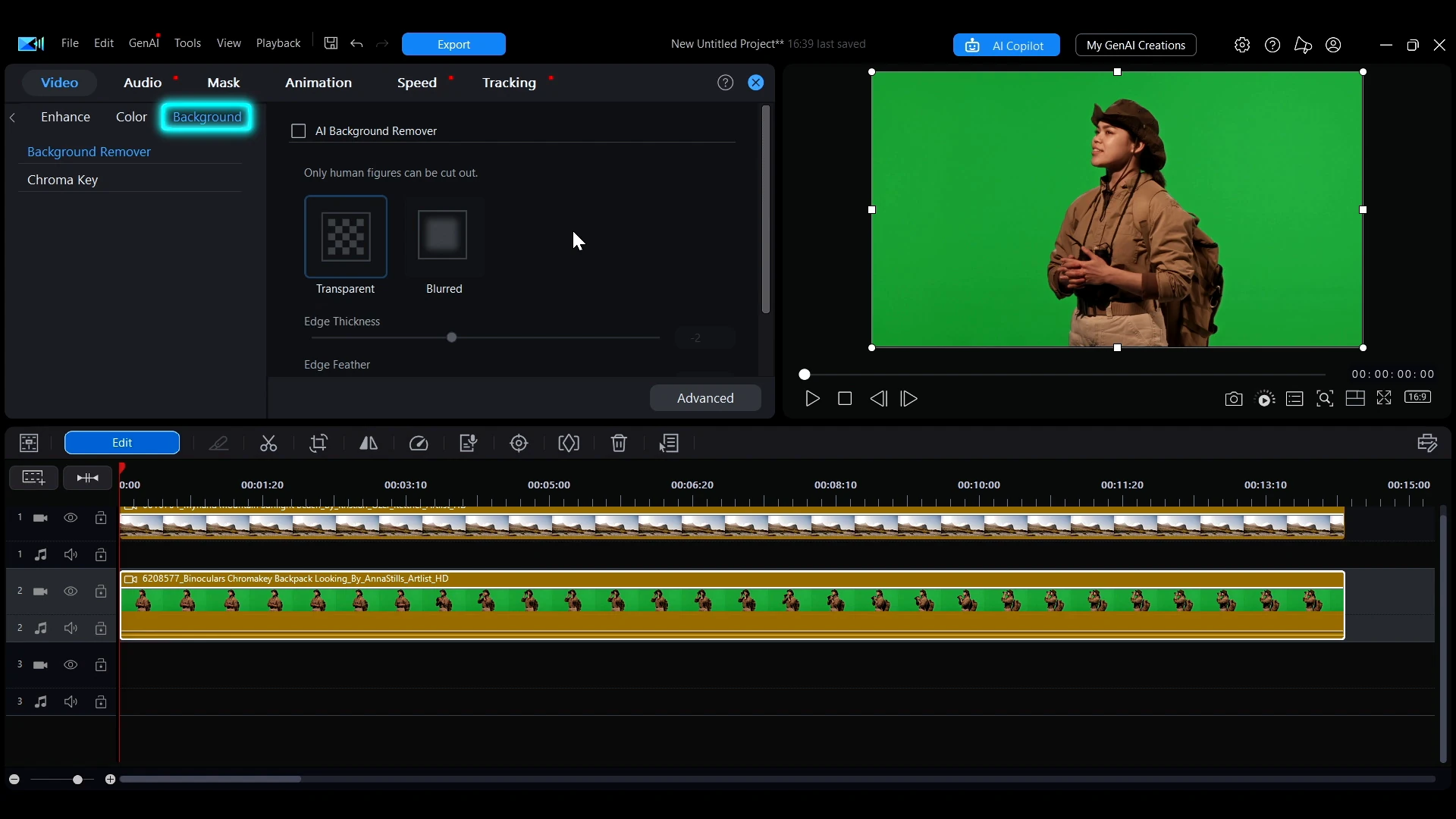 The Background tab selected in the PowerDirector editing panel, showing the Background Remover and Chroma Key list and a notice reading only human figures can be cut out.