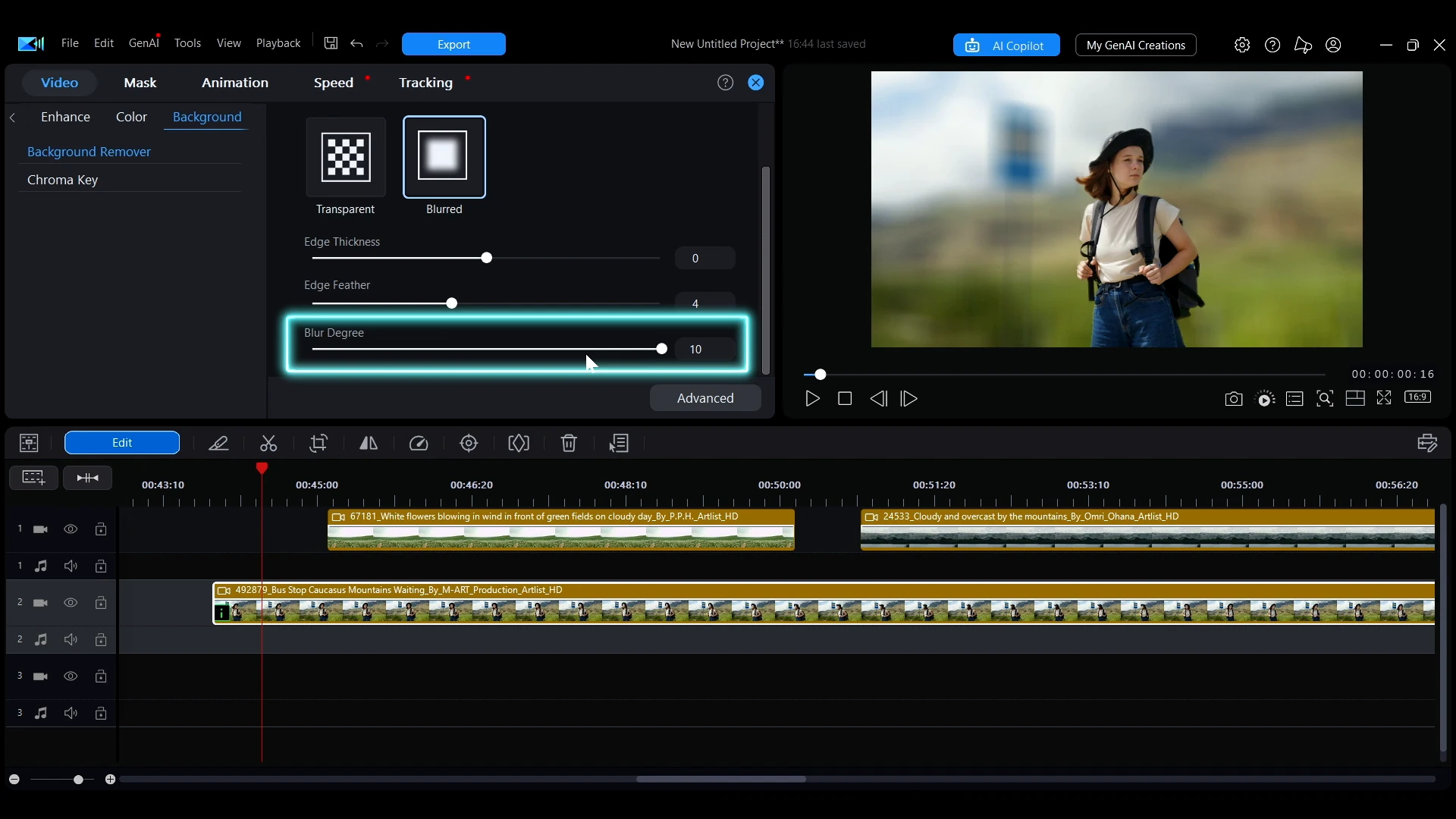 The Blur Degree slider under AI Background Remover in PowerDirector, active with Blurred mode selected.