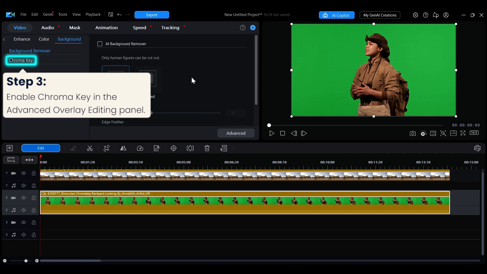 The Advanced Overlay Editing panel open in PowerDirector with a step card reading enable Chroma Key in the Advanced Overlay Editing panel.