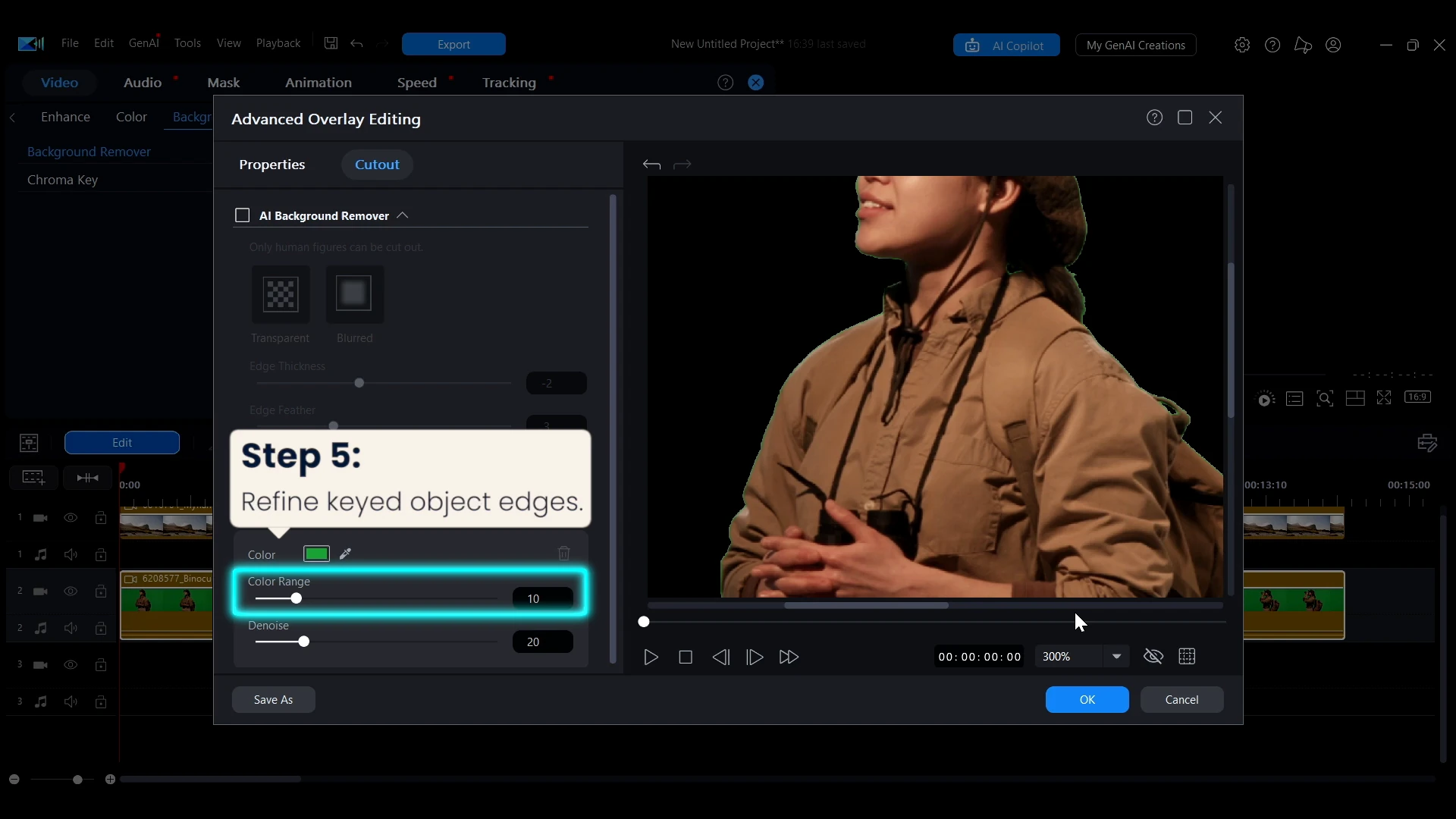 The Color Range slider highlighted in the Advanced Overlay Editing dialog in PowerDirector, with a step card reading refine keyed object edges.
