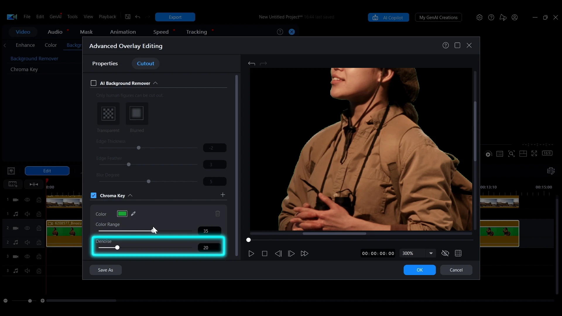 The Denoise slider highlighted in the Advanced Overlay Editing dialog in PowerDirector.