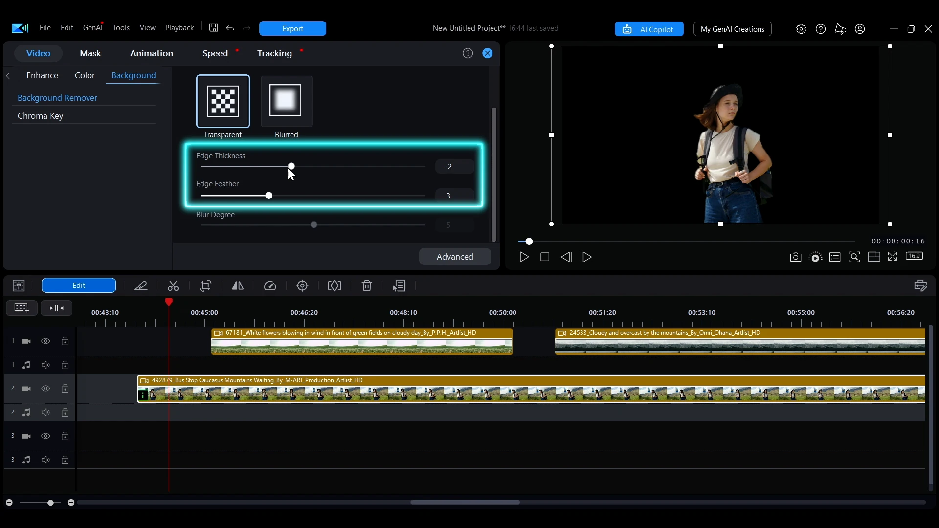 The Edge Thickness and Edge Feather sliders highlighted under AI Background Remover in PowerDirector.