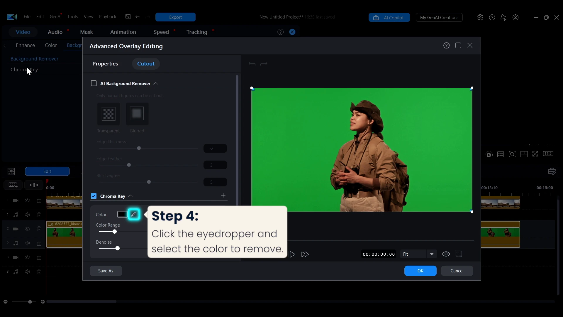 A callout in PowerDirector reading click the eyedropper and select the color to remove, beside the green screen preview.
