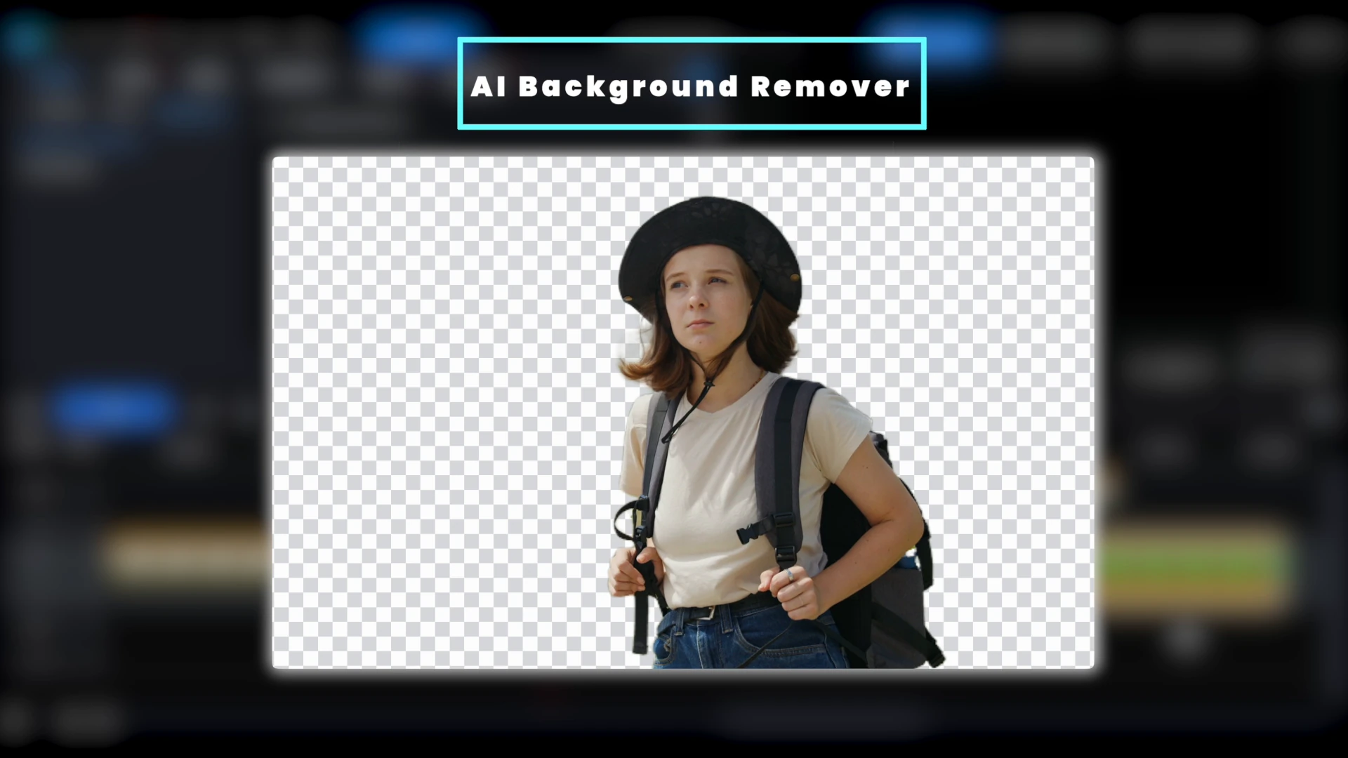 The same shot of the woman with the background removed, the transparent area shown as a checkerboard.