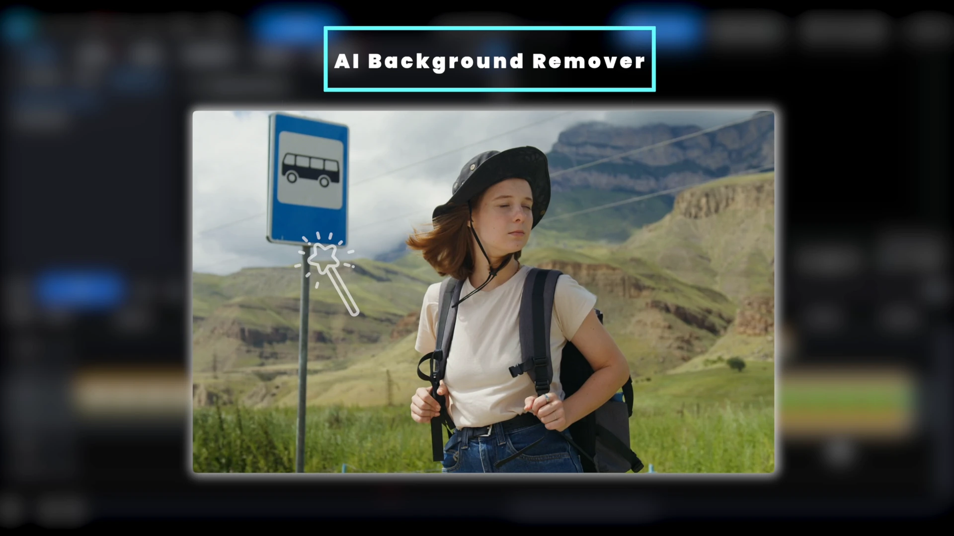 A shot of a woman standing beside a bus stop sign with grass and hills behind her, before any background removal.