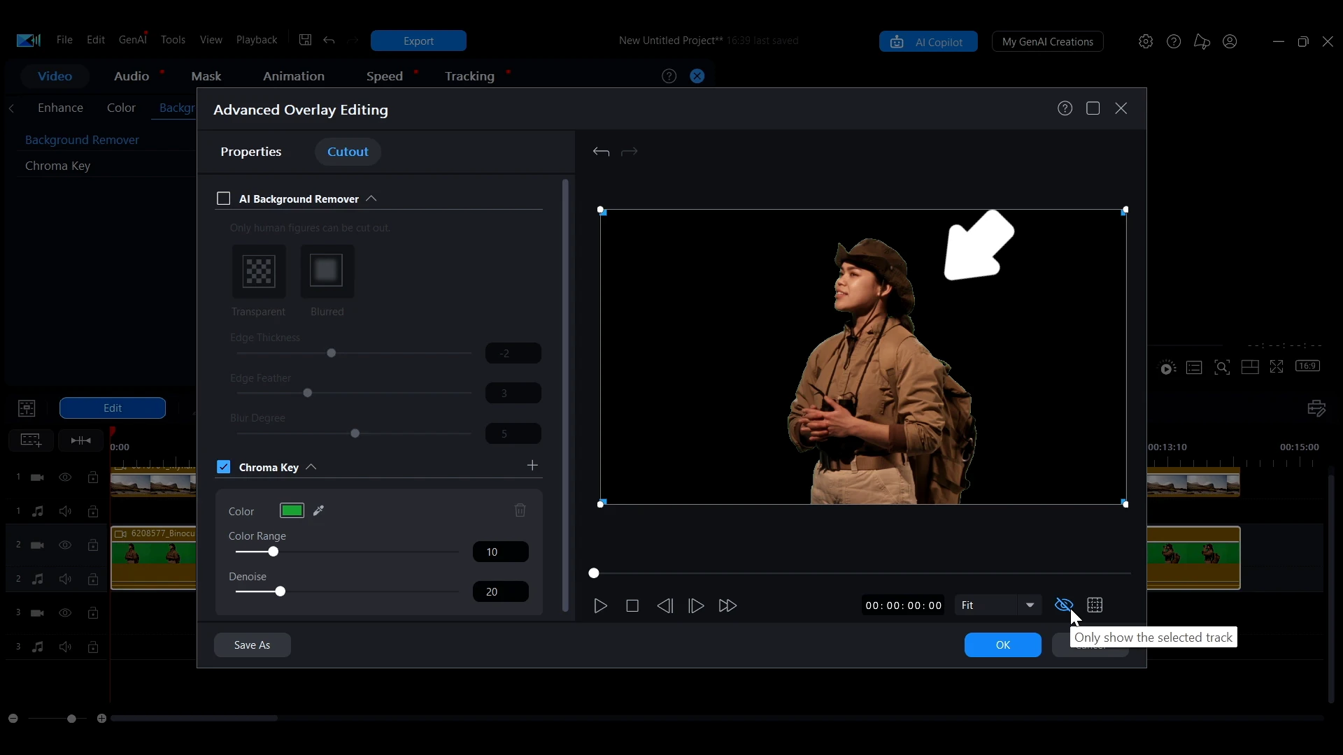The PowerDirector preview switched to a black matte view, showing the keyed subject isolated against black.