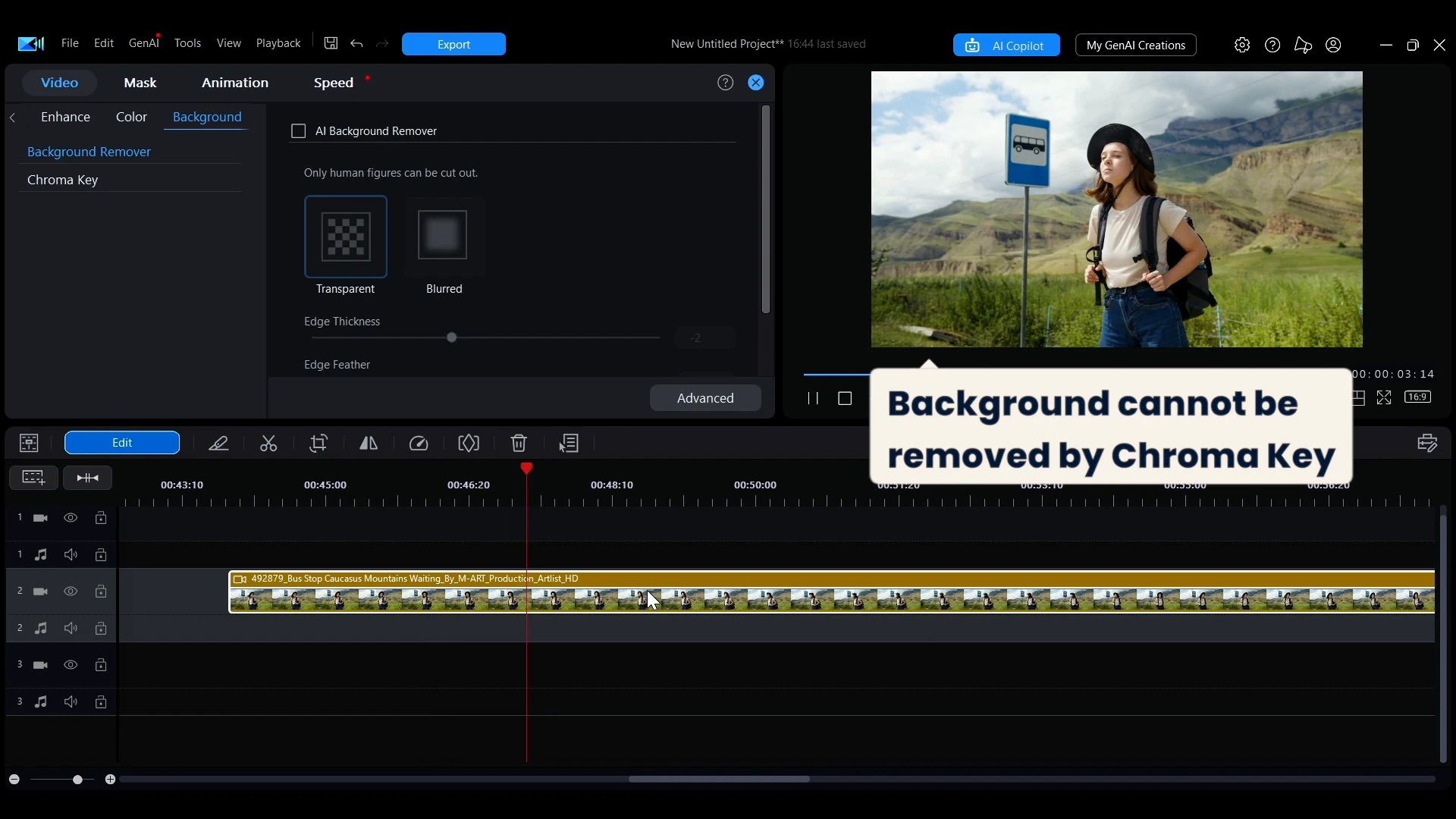 A callout in PowerDirector reading background cannot be removed by Chroma Key, over a shot with an ordinary outdoor background.