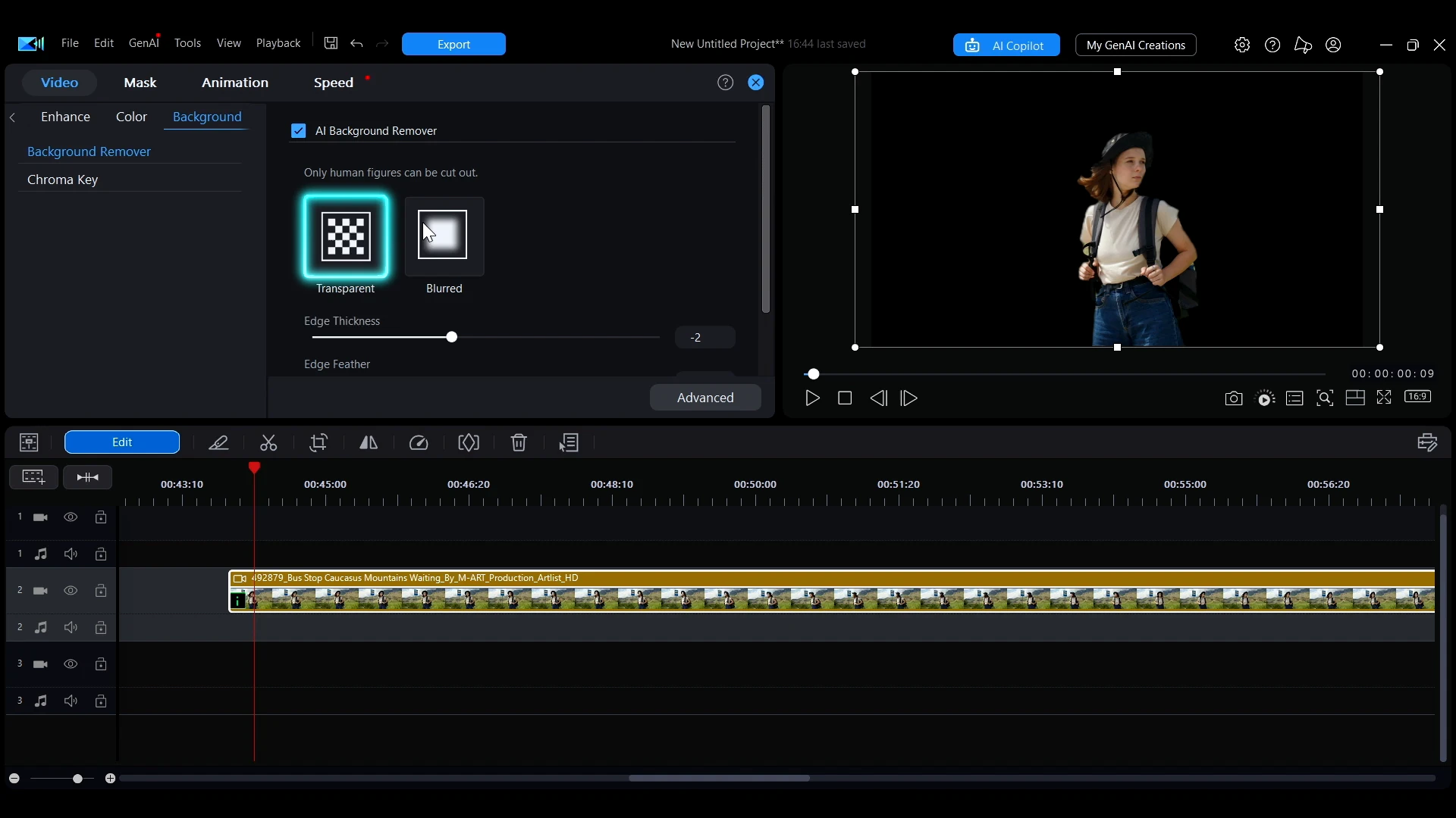 The Transparent option selected under AI Background Remover in PowerDirector, with the subject cut out in the preview.