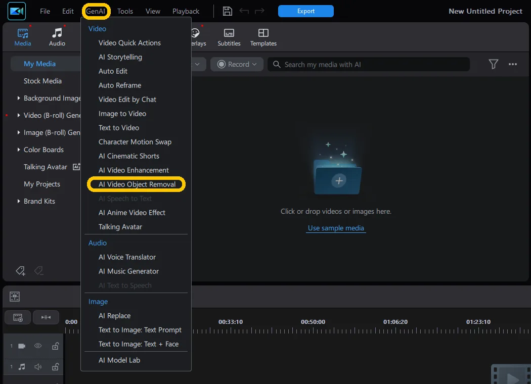 The GenAI menu open in PowerDirector, with AI Video Object Removal highlighted in the Video section.