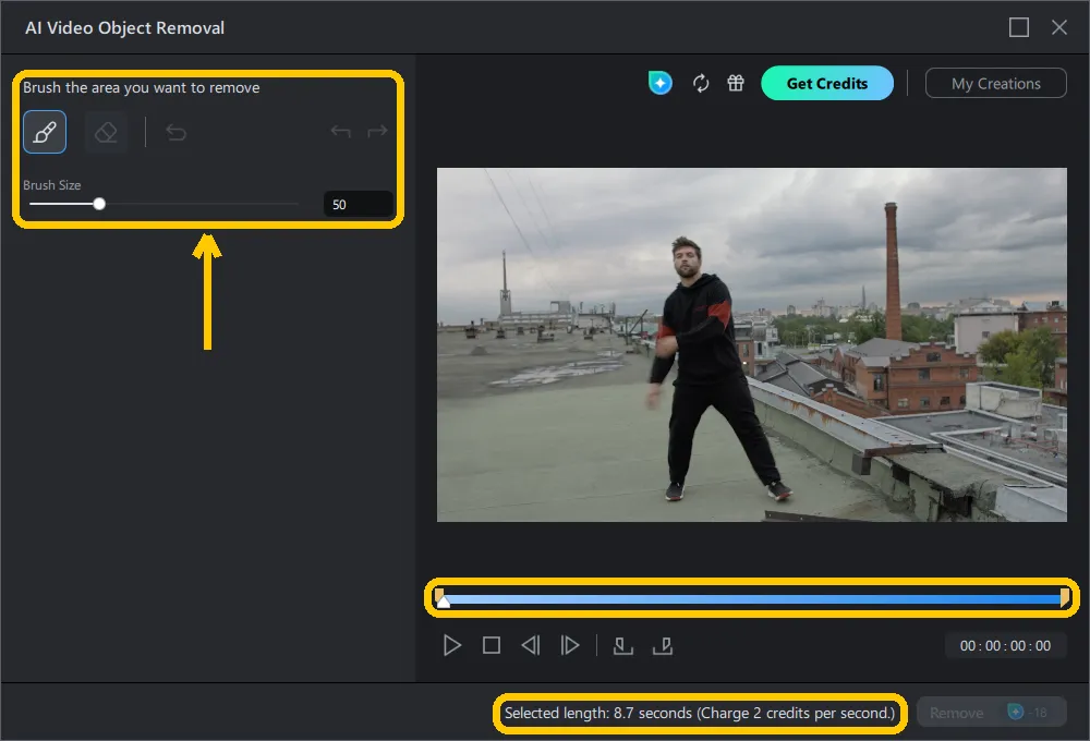 AI Video Object Removal window with the brush controls, the bar under the preview, and the selected length readout each highlighted