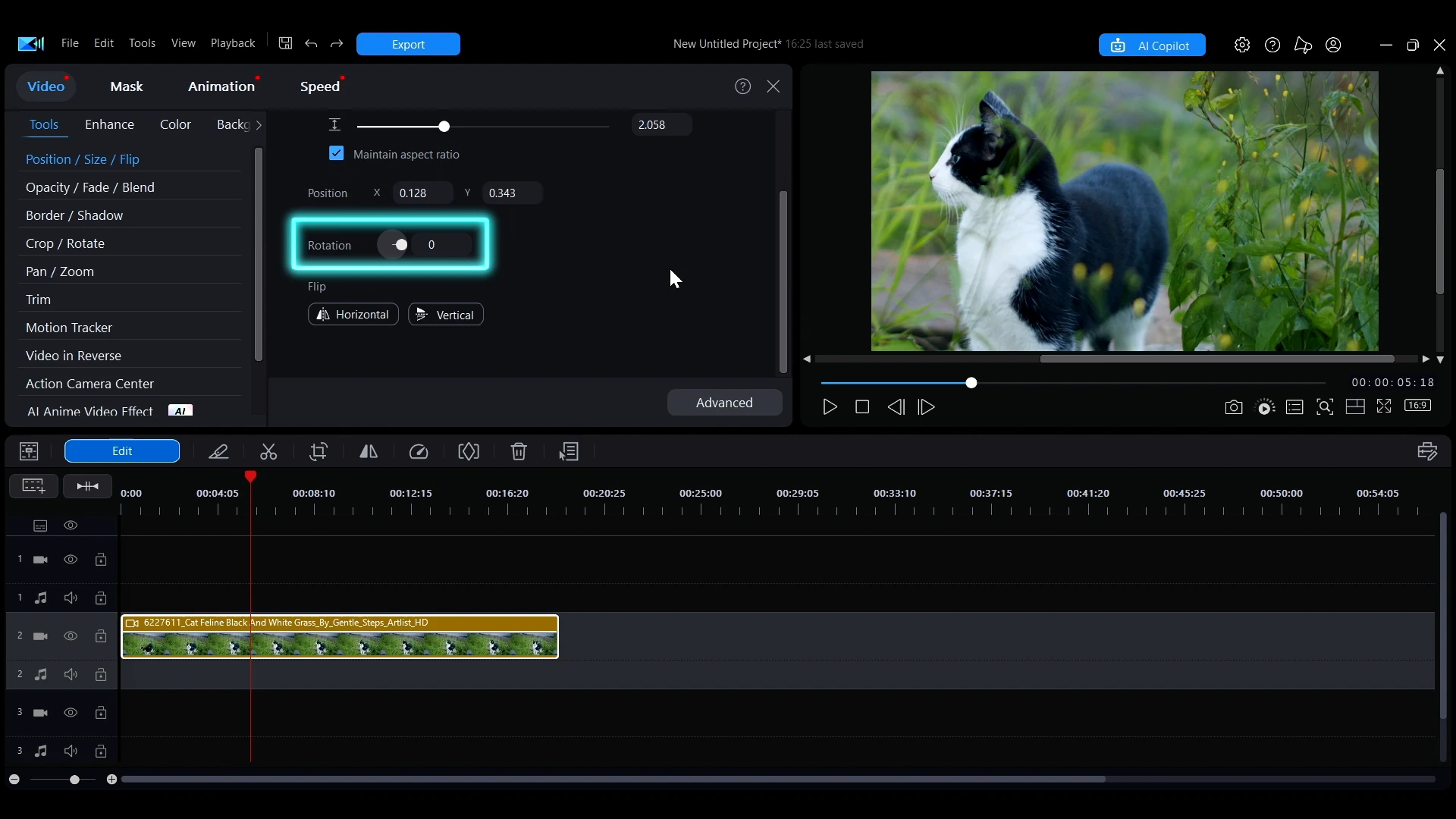 The Rotation control in the editing panel