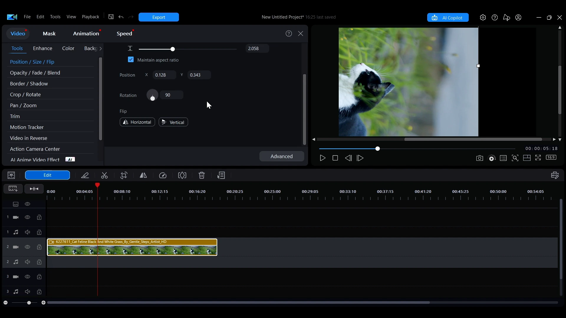A clip rotated inside the preview window