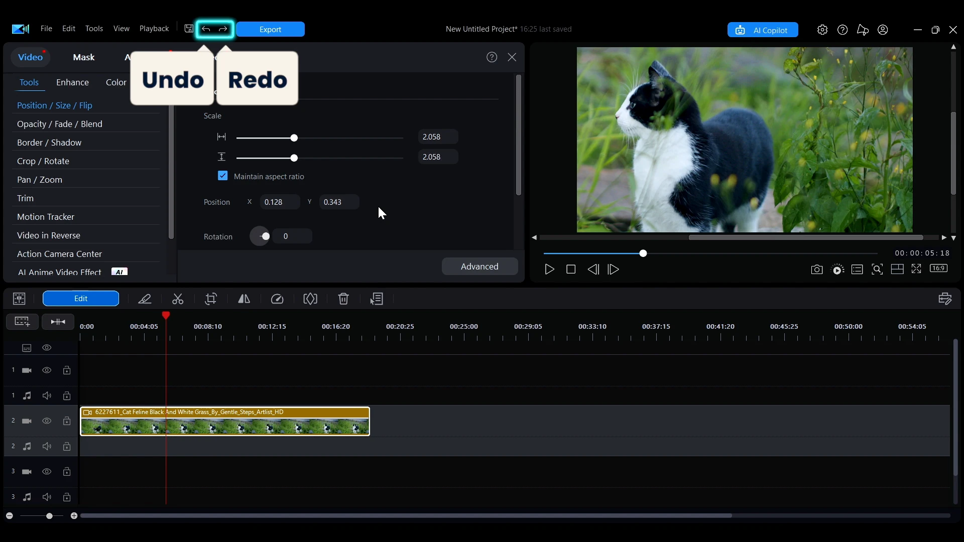 The undo and redo arrows above the PowerDirector timeline