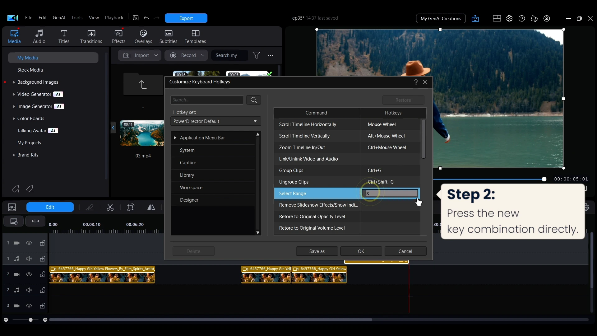 The Customize Keyboard Shortcuts window in PowerDirector with a step card reading press the new key combination directly.
