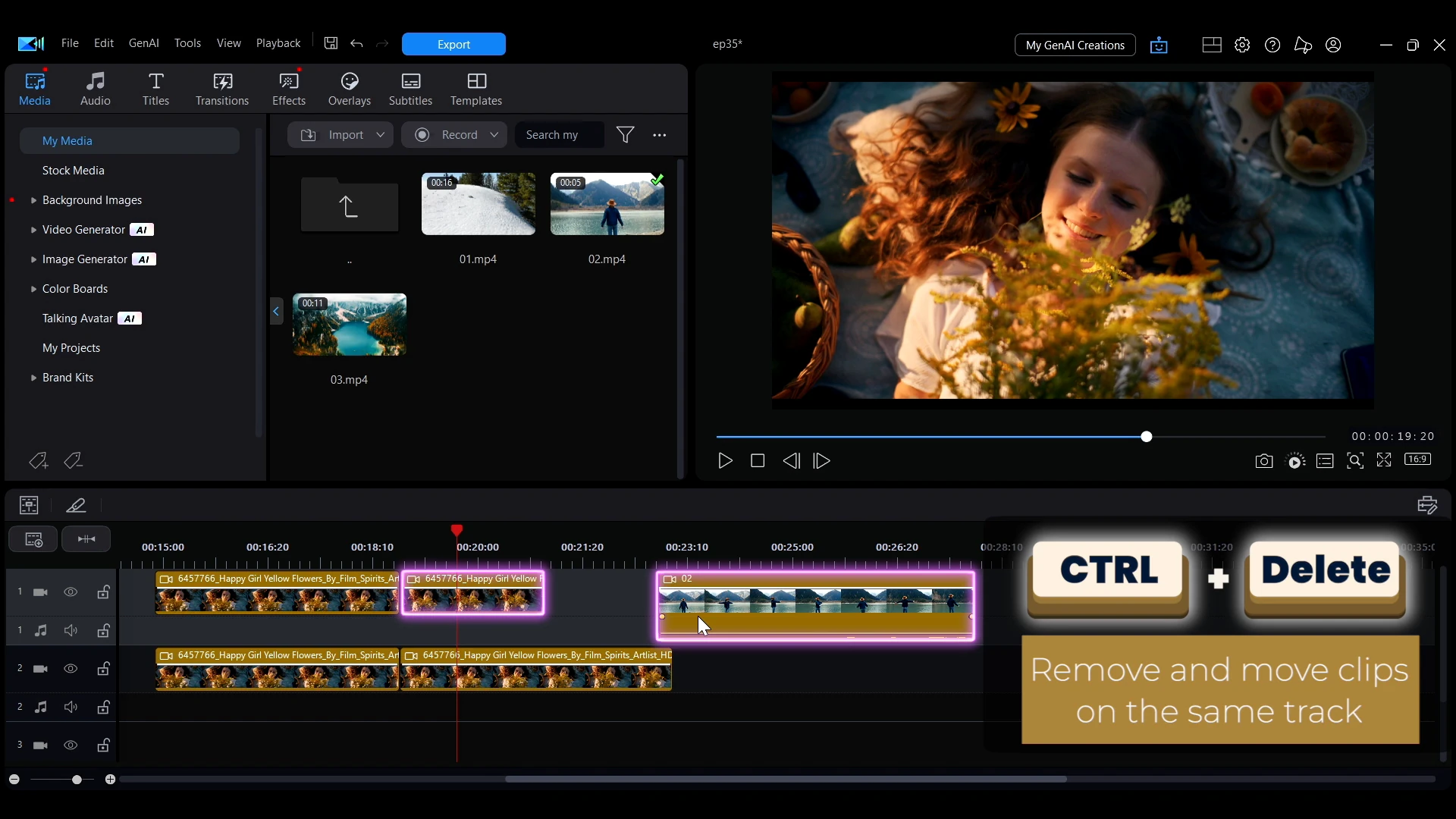 A key callout in PowerDirector showing Ctrl and Delete with the caption remove and move clips on the same track.