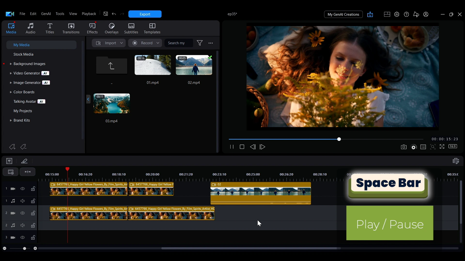 A key callout in PowerDirector showing the Space Bar with the caption play and pause.