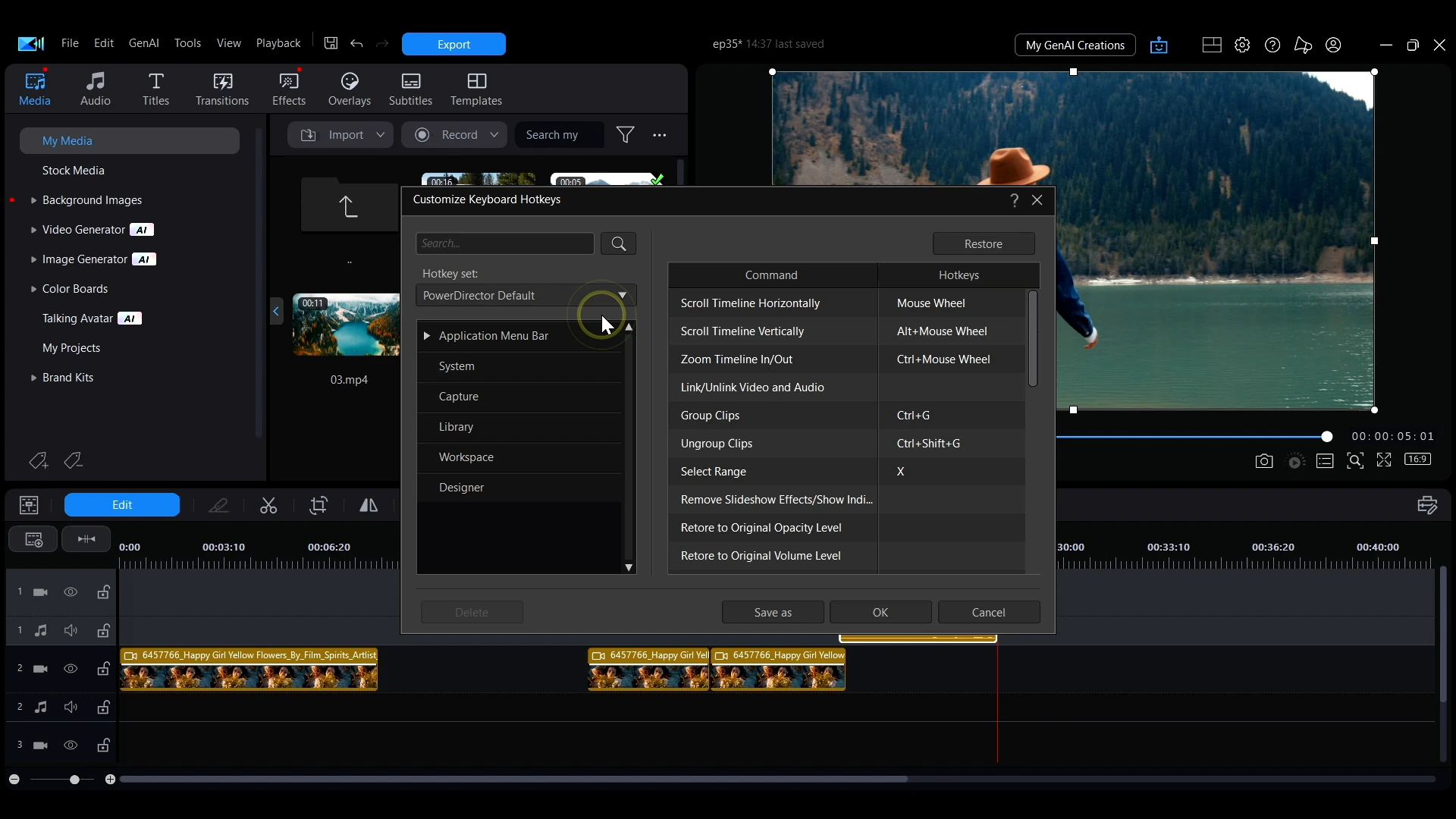 The Customize Keyboard Shortcuts window in PowerDirector showing the Save As option for naming a custom shortcut set.