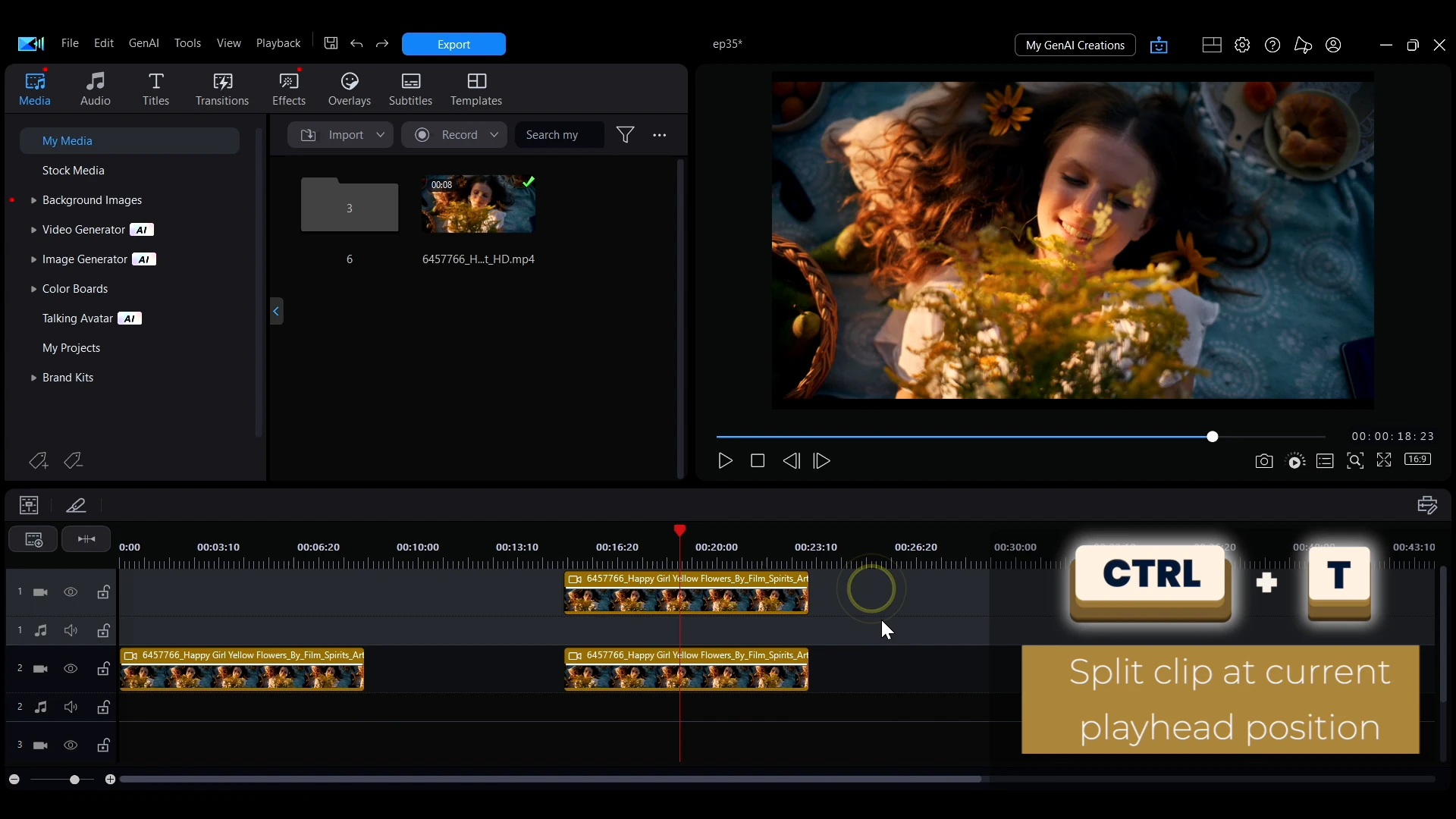 A key callout in PowerDirector showing Ctrl and T with the caption split clip at current playhead position.