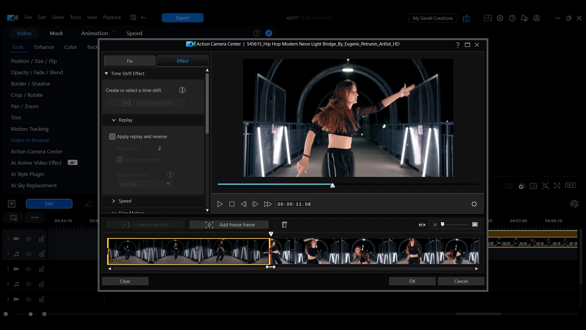 The Action Camera Center window in PowerDirector with a yellow segment marked on the clip's filmstrip.