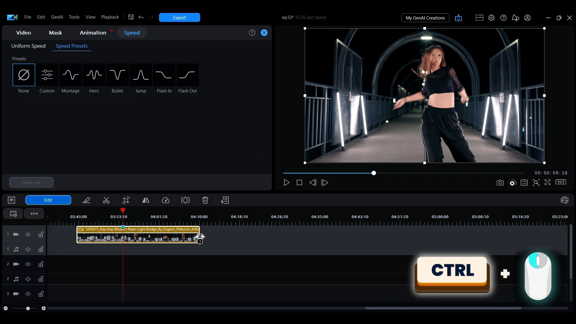 A callout in PowerDirector showing the Ctrl key held with the mouse while dragging a clip edge on the timeline.