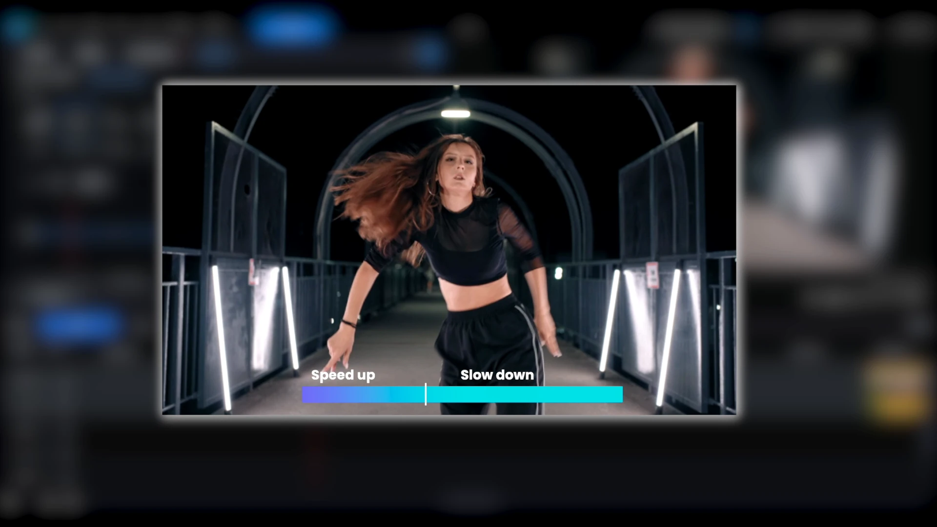 A PowerDirector preview with a bar underneath labeled Speed up on one side and Slow down on the other.