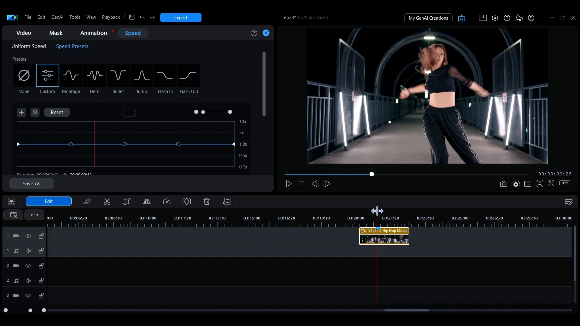 A speed curve in PowerDirector with several adjustment points shaping the speed across the clip.