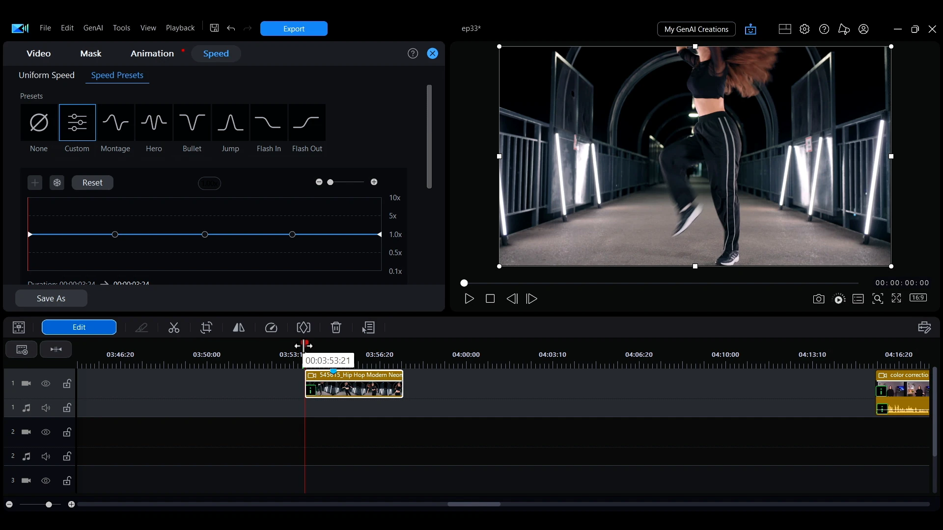 The Speed Presets row on the Speed tab in PowerDirector with Custom selected and a speed curve below it.