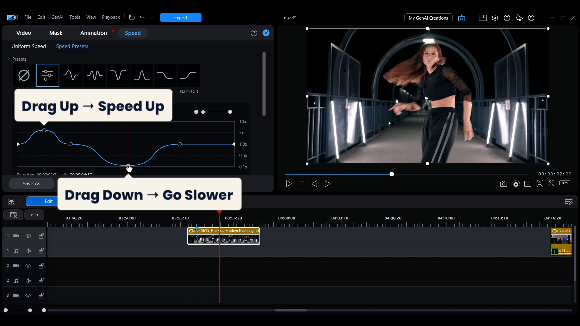 Callouts in PowerDirector reading drag up to speed up and drag down to go slower, beside a speed curve.