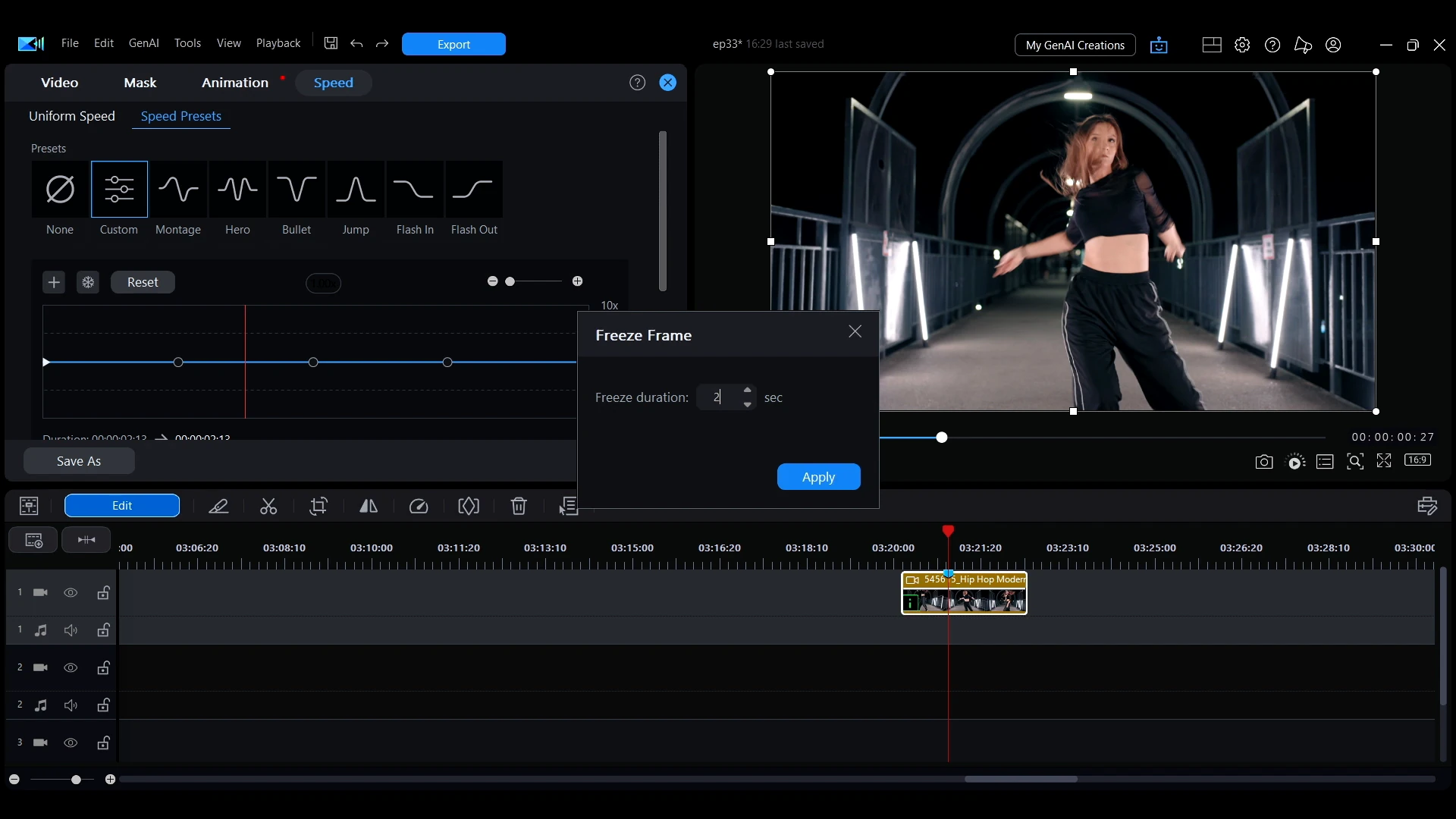 The Freeze Frame dialog in PowerDirector with a duration field, over the speed curve.
