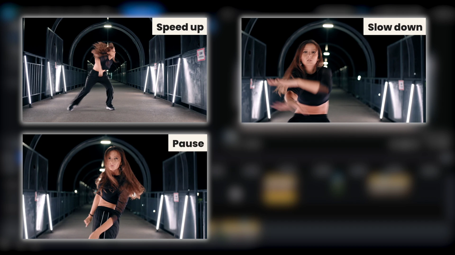 Three previews in PowerDirector labeled Speed up, Slow down and Pause, showing the same dancer treated three ways.
