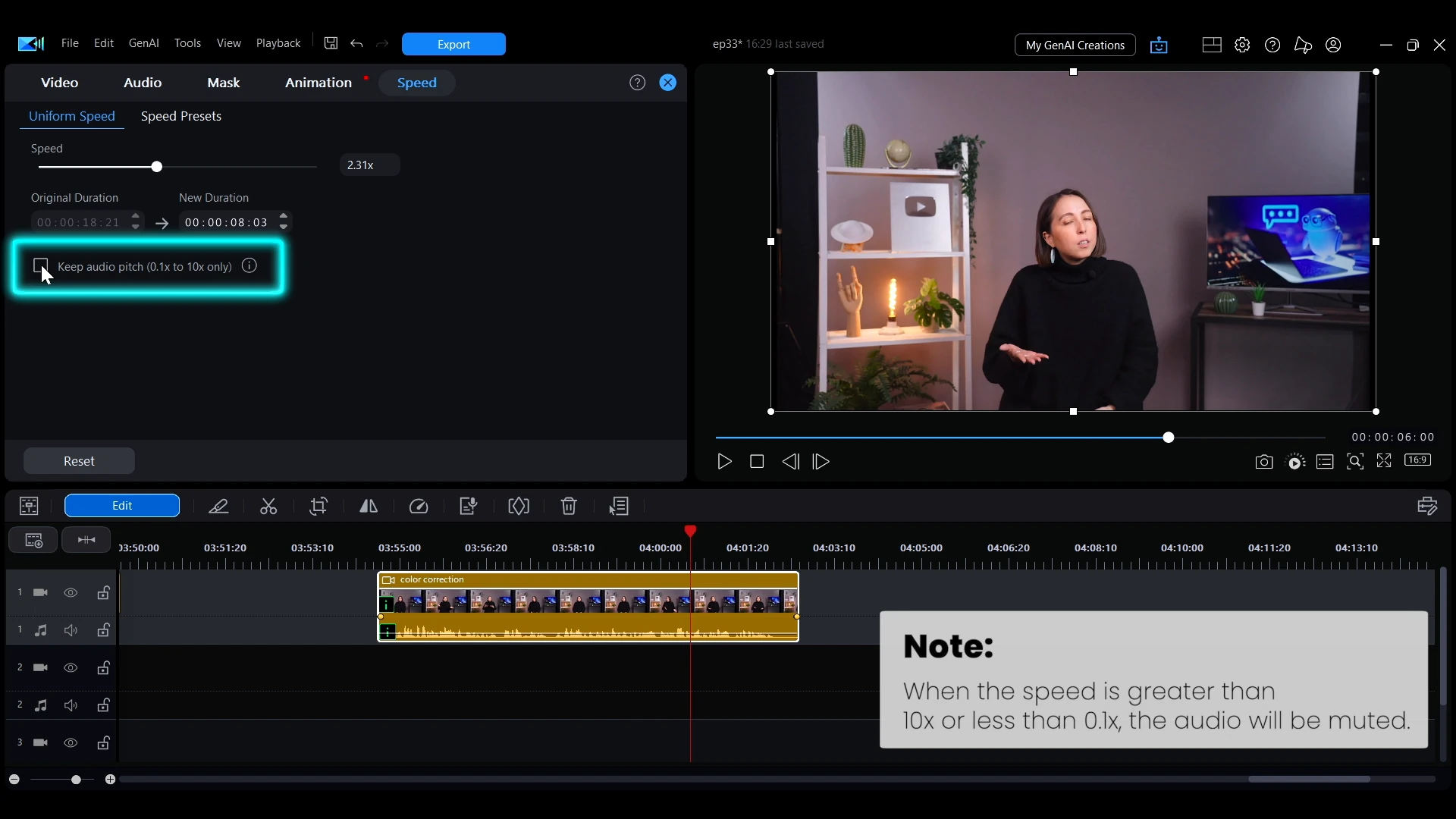 The Keep audio pitch checkbox highlighted on the Speed tab in PowerDirector, beside a note about audio being muted at extreme speeds.