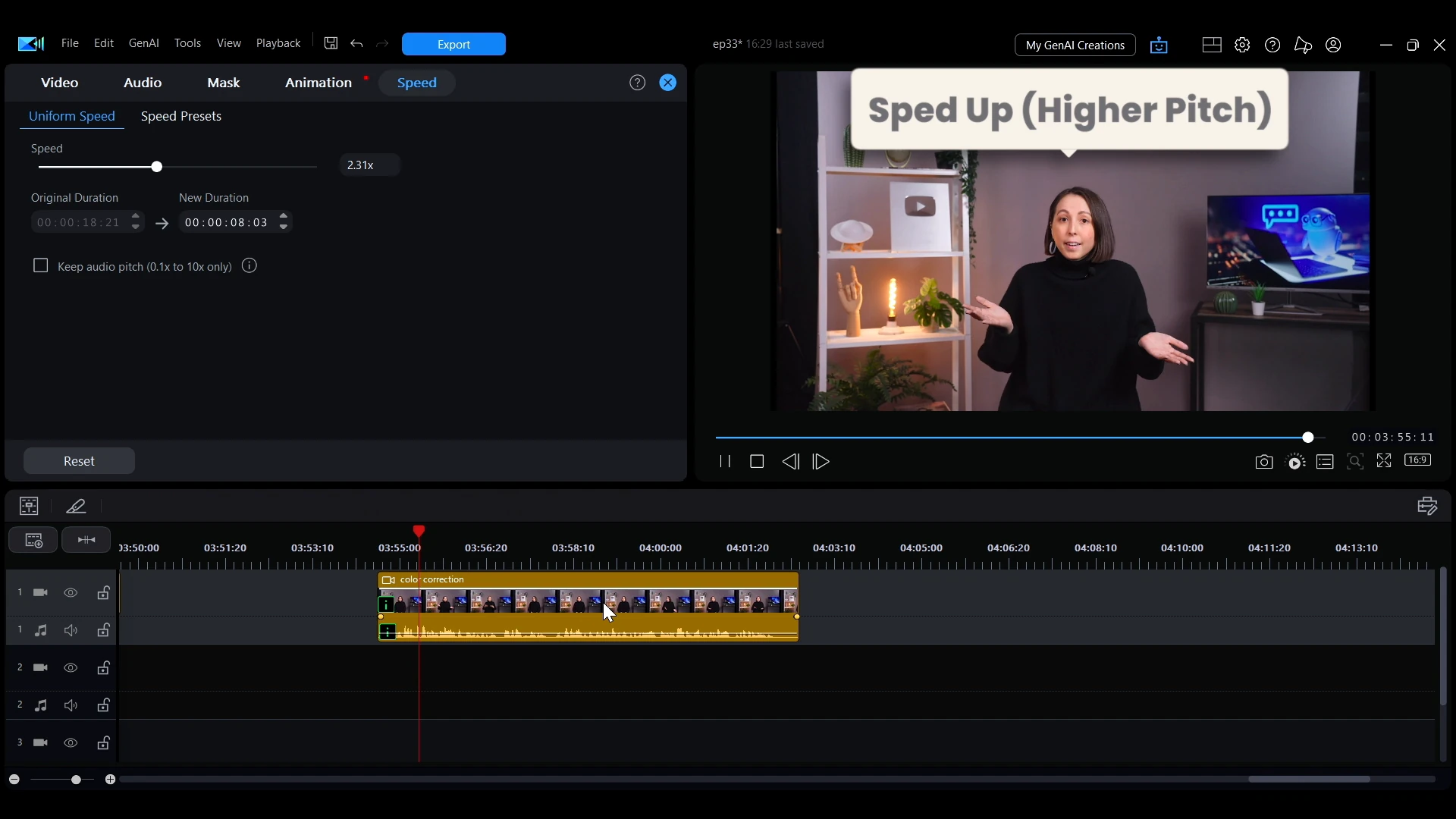 A PowerDirector preview labeled Sped Up, Higher Pitch, with the Speed field reading 2.31x.