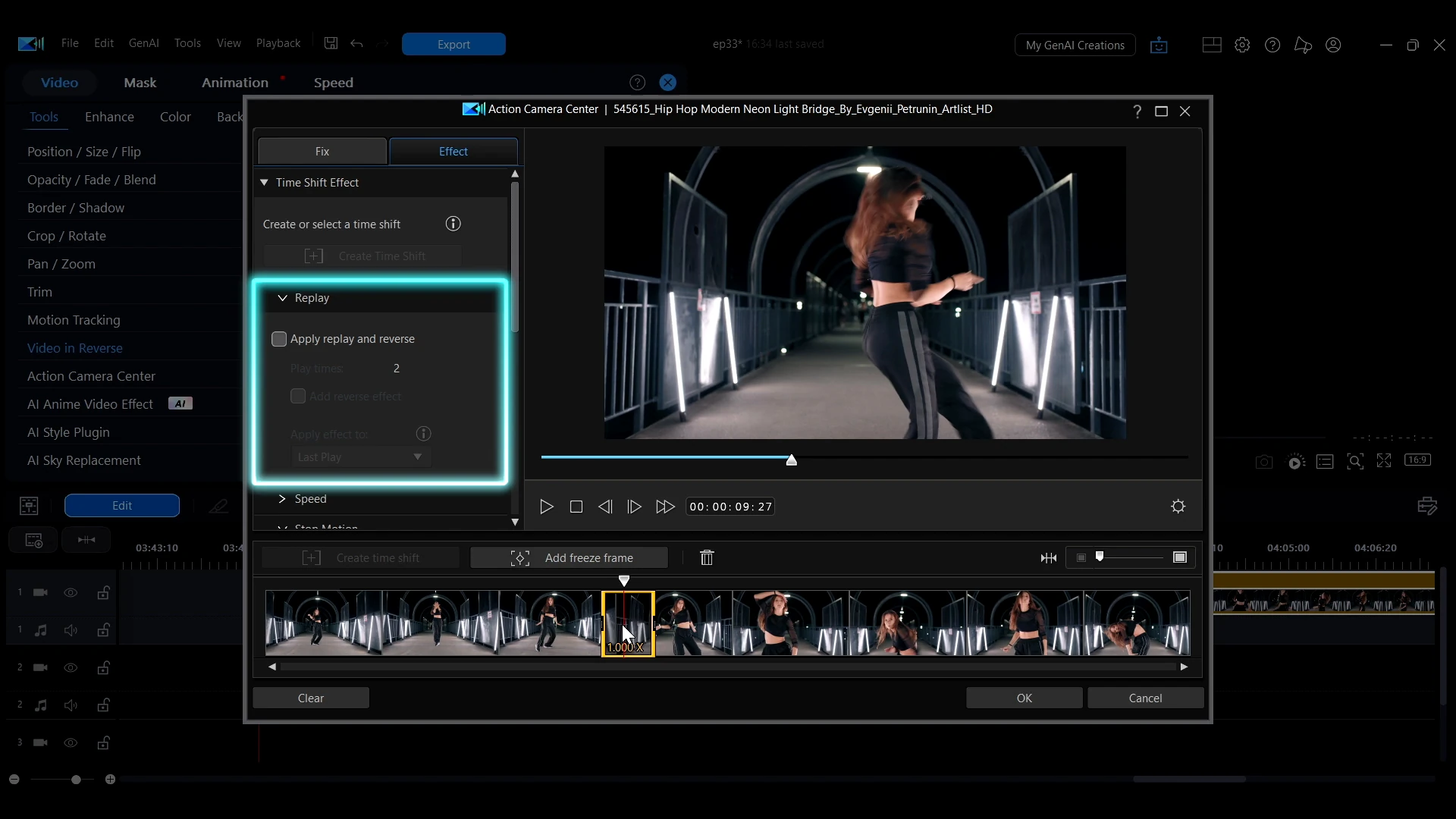 The Apply replay and reverse and Add reverse effect options highlighted in the Action Camera Center in PowerDirector.
