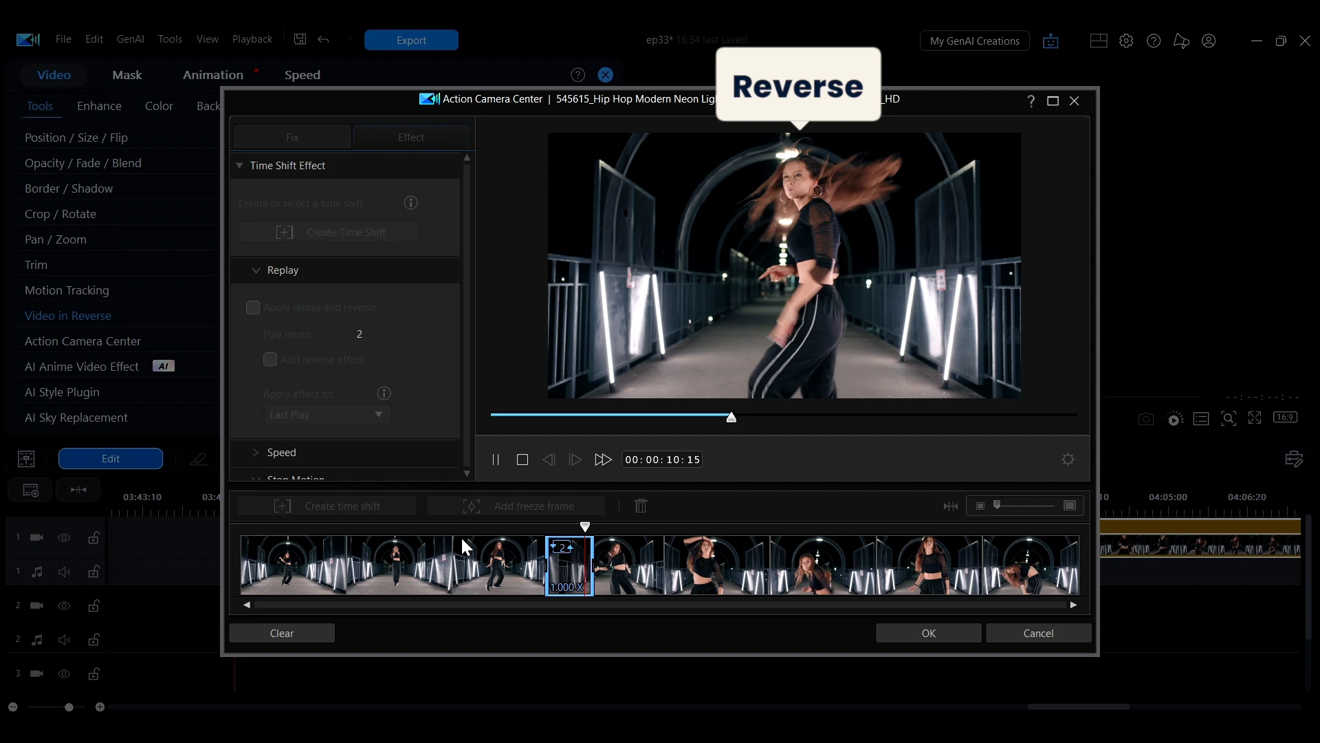 A callout reading Reverse over the Action Camera Center window in PowerDirector.
