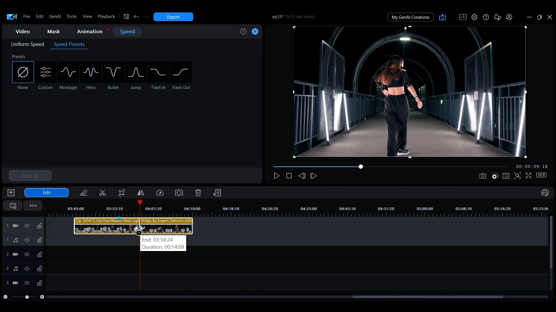 A clip being dragged shorter on the PowerDirector timeline, with a tooltip showing the new end point and duration.