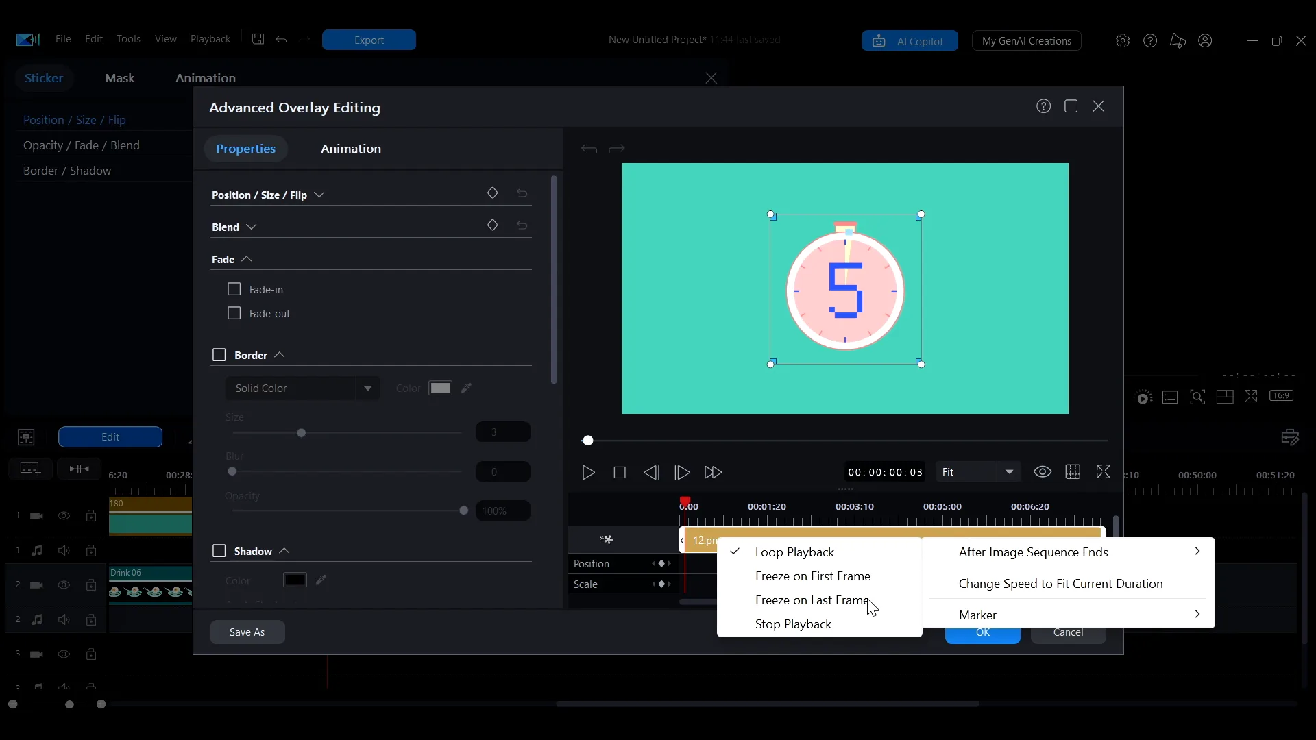 The Advanced Overlay Editing window in PowerDirector with the After Image Sequence Ends submenu open, showing Loop Playback, Freeze on First Frame, Freeze on Last Frame and Stop Playback.