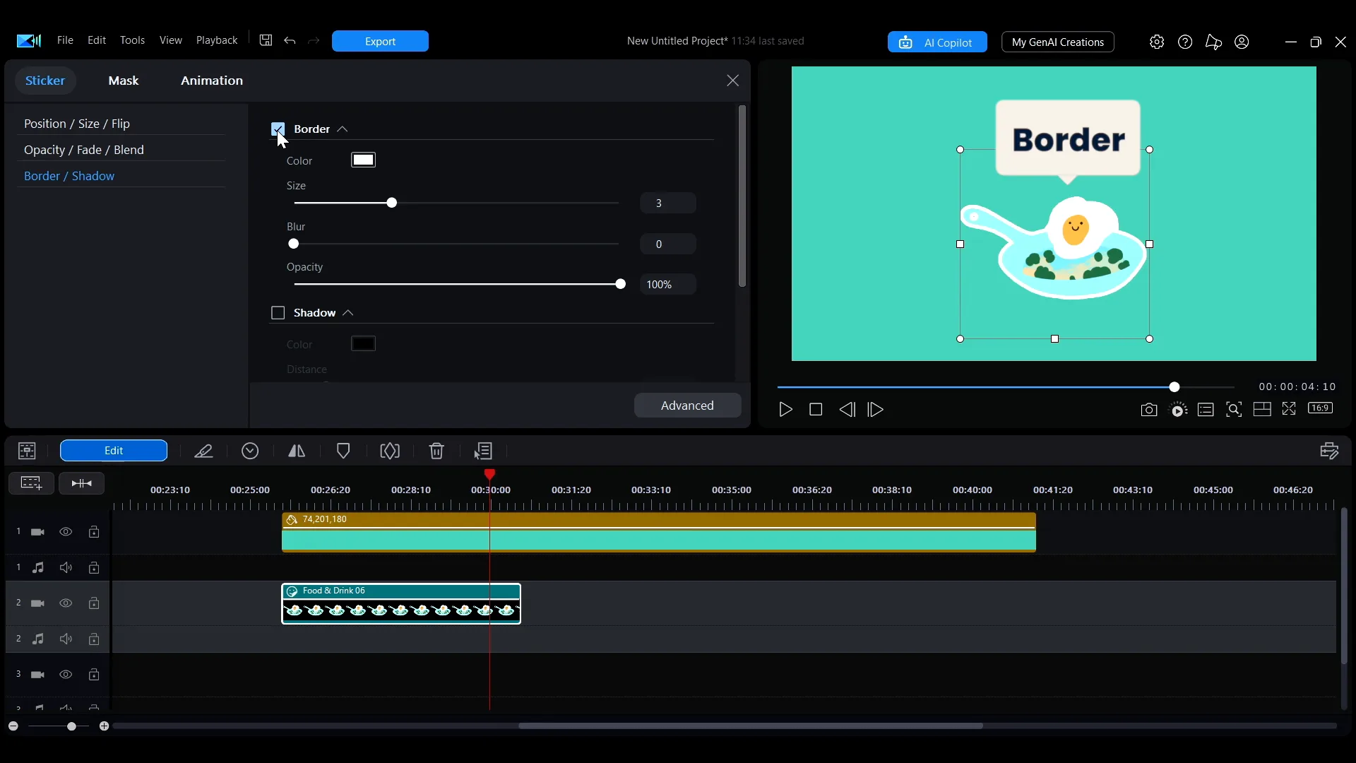 The Border and Shadow section of the sticker panel in PowerDirector, with color, size, blur and opacity controls.