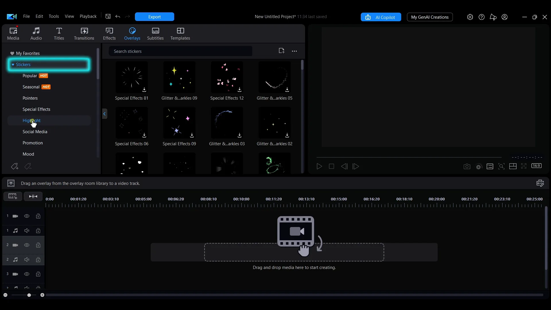 The Overlays tab in PowerDirector with Stickers selected in the sidebar and a grid of sticker thumbnails.