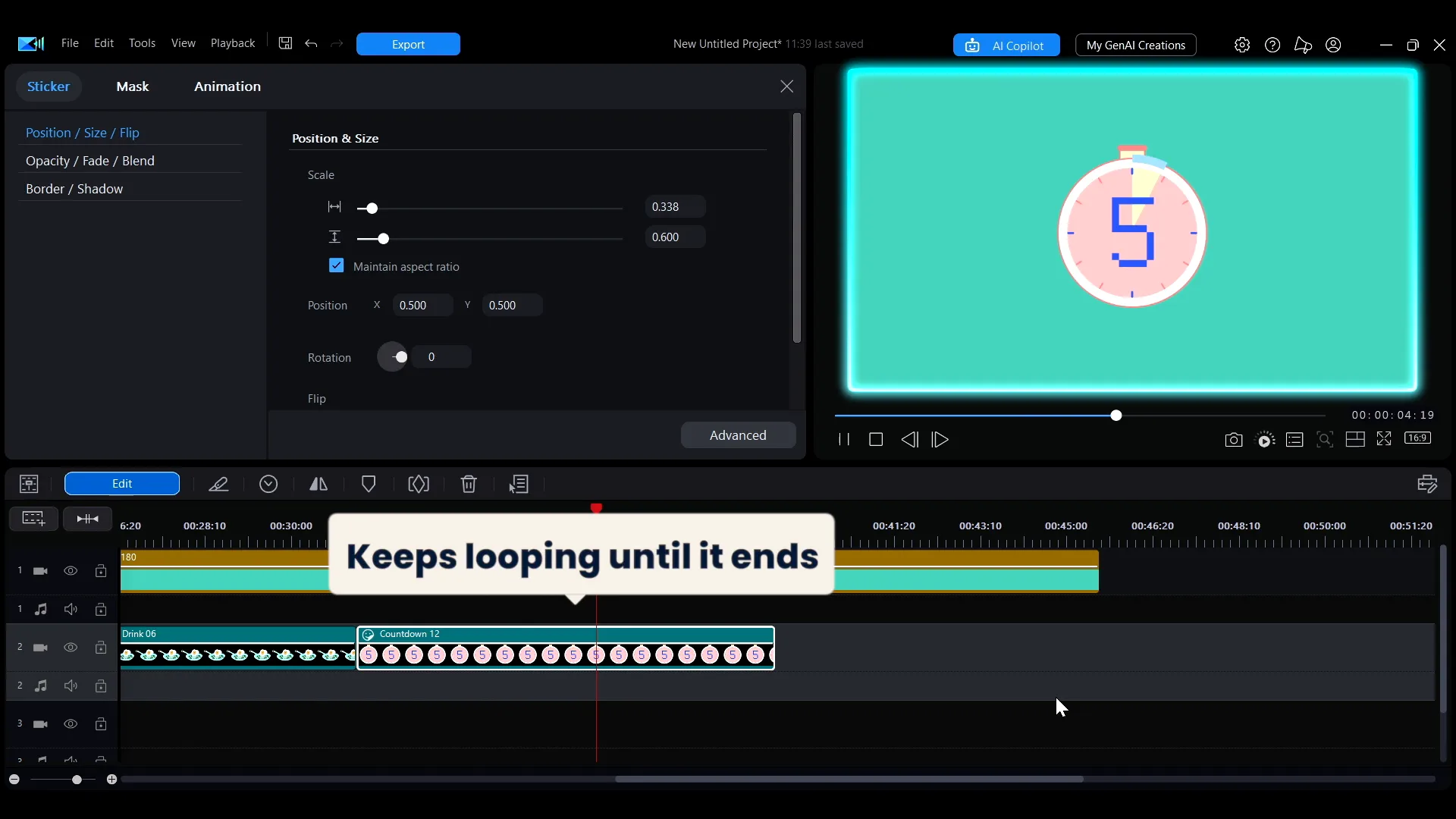 A sticker stretched along the PowerDirector timeline, with a callout explaining that the animation keeps looping until it ends.