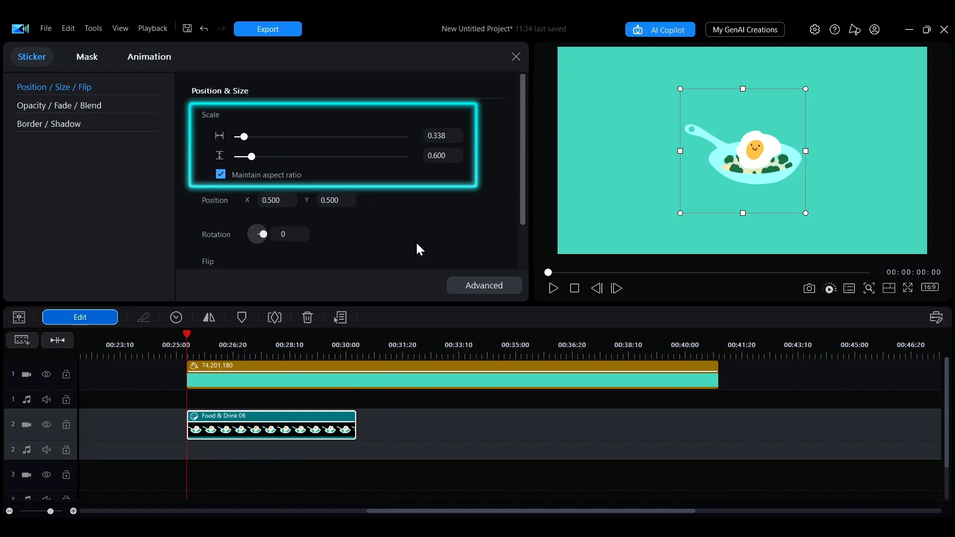 The sticker editing panel in PowerDirector, showing the Sticker, Mask and Animation tabs with Position and Size controls.