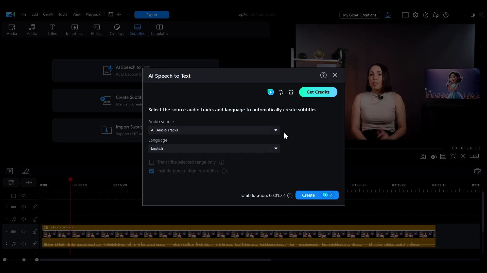The AI Speech to Text dialog in PowerDirector with Audio source and Language dropdowns, range and punctuation checkboxes, the total duration, and a Create button showing a credit cost.