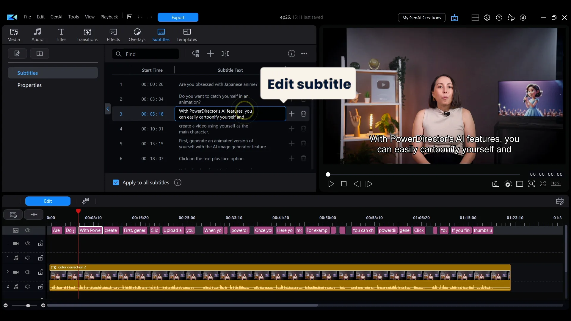 The subtitle list in PowerDirector with Start Time and Subtitle Text columns, a line open for editing, and add and delete icons beside it.