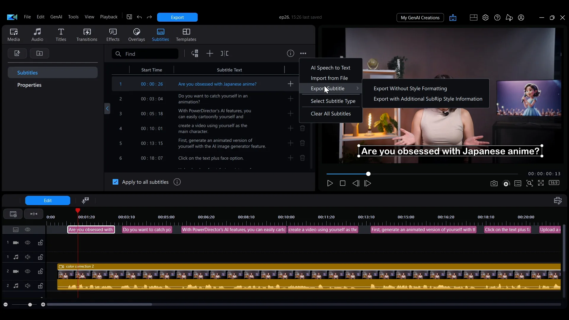 The subtitle options menu in PowerDirector with Export Subtitle expanded, showing Export Without Style Formatting and Export with Additional SubRip Style Information.