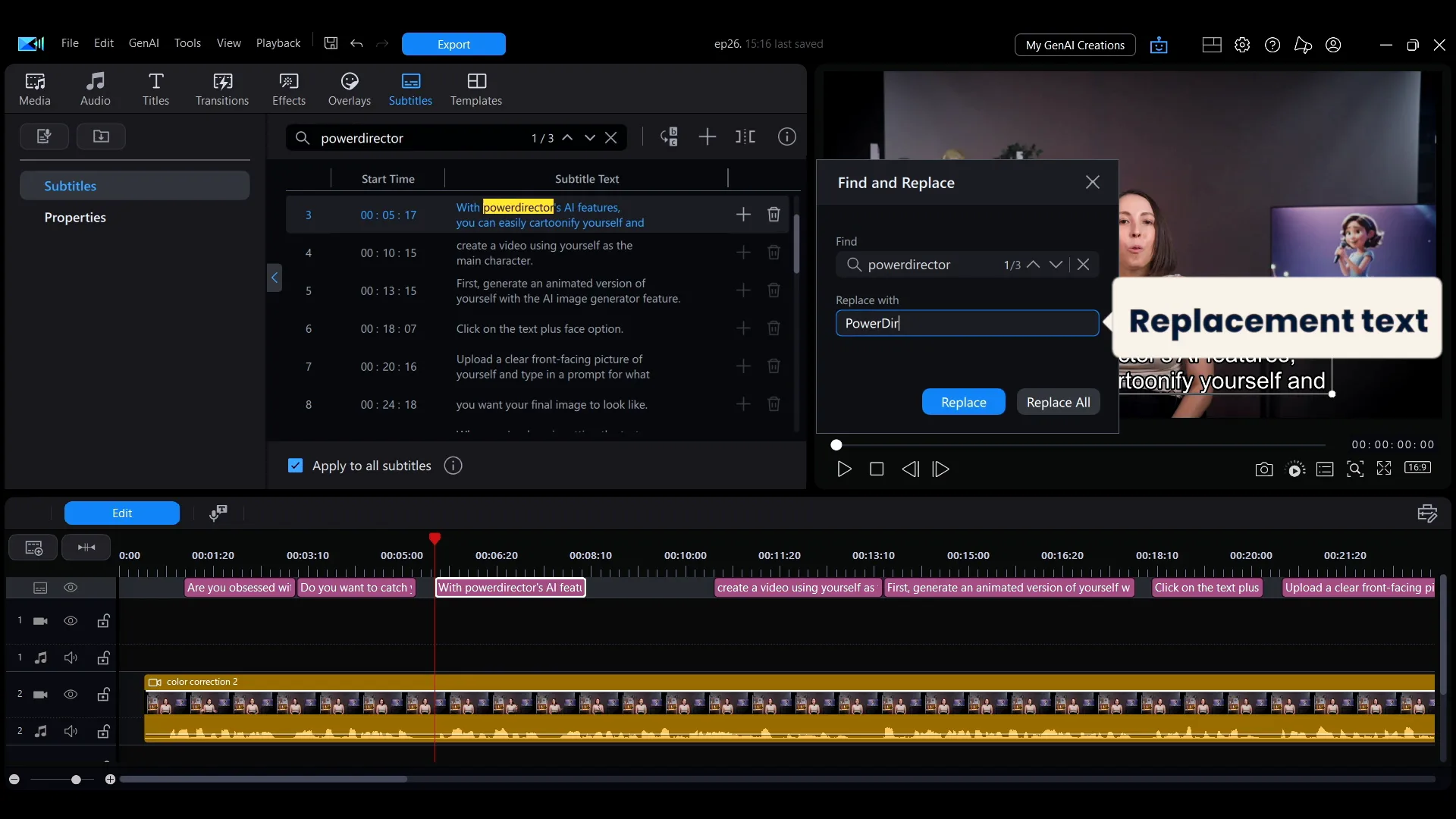The Find and Replace dialog in PowerDirector with Find and Replace with fields and Replace and Replace All buttons.