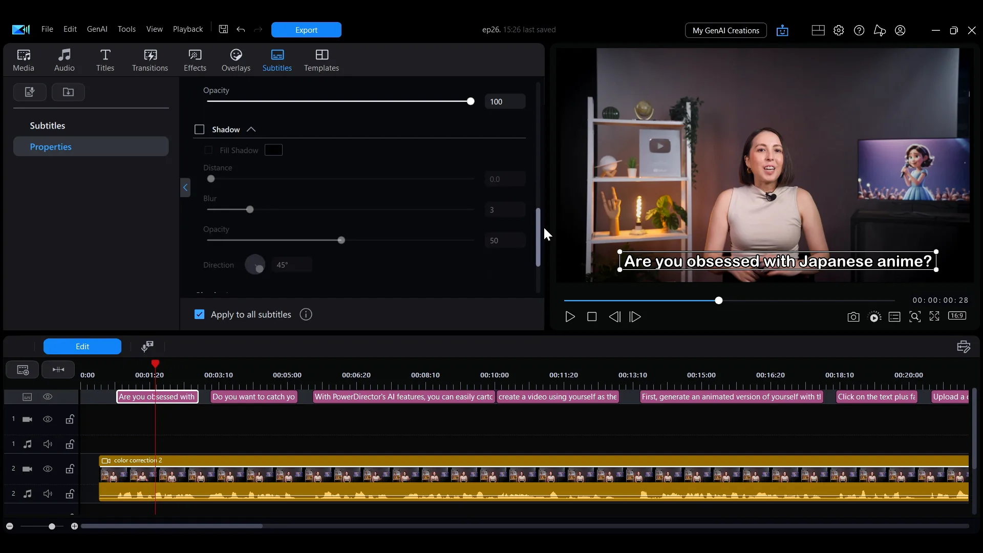 The subtitle Properties panel in PowerDirector showing opacity and shadow controls, with the Apply to all subtitles checkbox at the bottom.