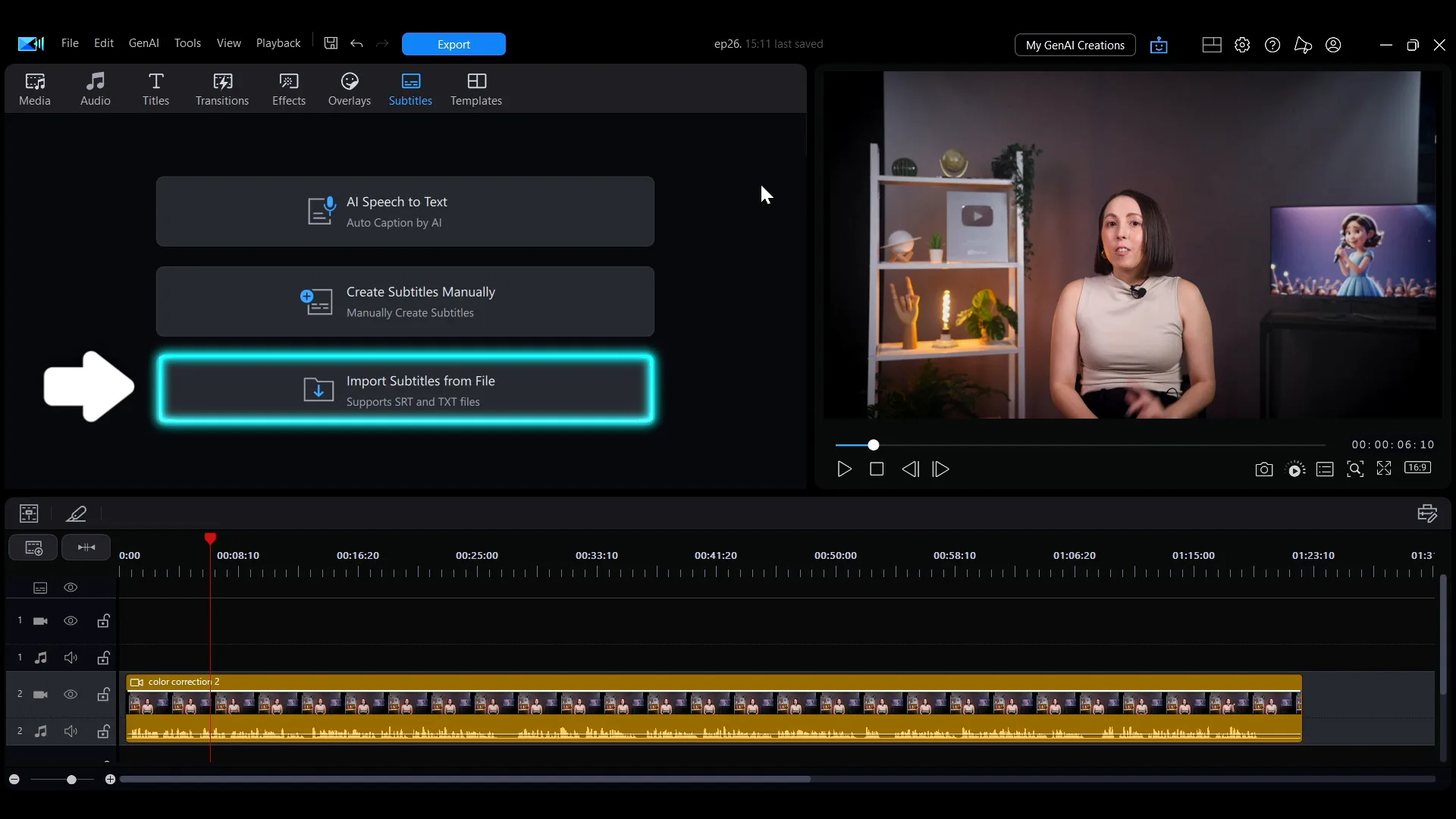 The Subtitles room in PowerDirector offering AI Speech to Text, Create Subtitles Manually, and Import Subtitles from File.